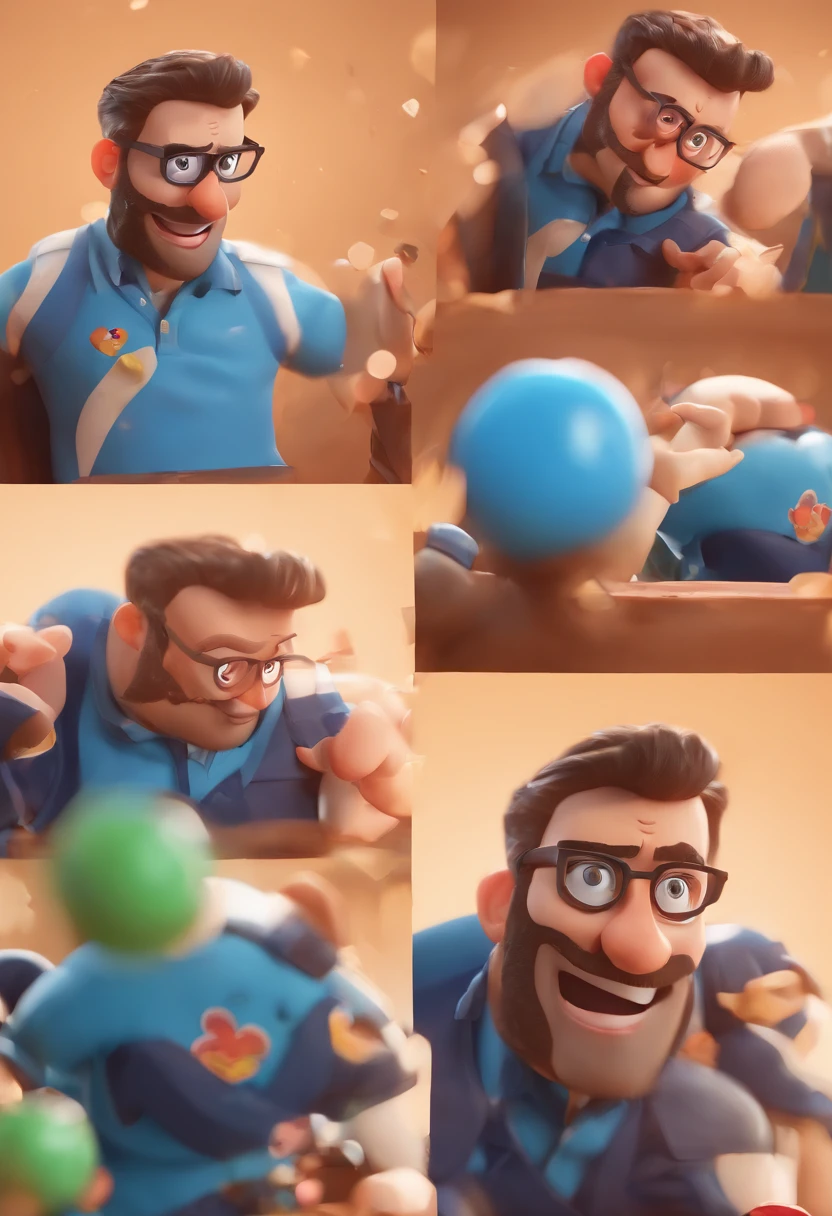 Cartoon character of a man wearing black glasses and a blue shirt, um personagem animado, Caractere estilizado, animation style rendering, 3D estilizado, Arnold Maya render, 3 d render stylized, toon render keyshot, Personagem 3D, Personagem 3D, 3d rendering stylized, 3 d character render, personagem de desenho animado, Personagem de close up, Pose de personagem, (Estilo Pixar) (master part:1.2) (Bokeh) (best quality) (pele detalhada) (textura detalhada) (8k) (argila) (Cinematic lighting) (foco nítido,Senta e vaza a parte superior do corpo