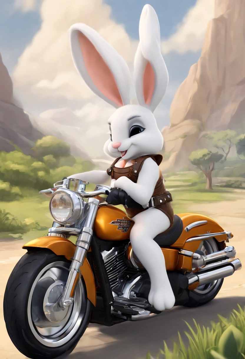 (((Cartoon Character 1.3)))，(((Two cute bunnies cuddled together on a Harley-Davidson motorcycle)))，Wear a steel helmet，The rabbit wears a speckled vest，Denim shorts on the bottom，Long white hair that floated up，Naughty expression，HD Real，Black eyes，Flying figure，HD picture，Sony SLR lens，Shoot at medium distance，Soft lighting，tmasterpiece