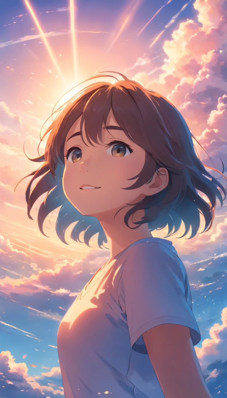 masterpiece, best quality, movie still, 1girl, cloud girl, floating in the sky, close-up, bright, happy, warm soft lighting, sunset, (sparks:0.7)