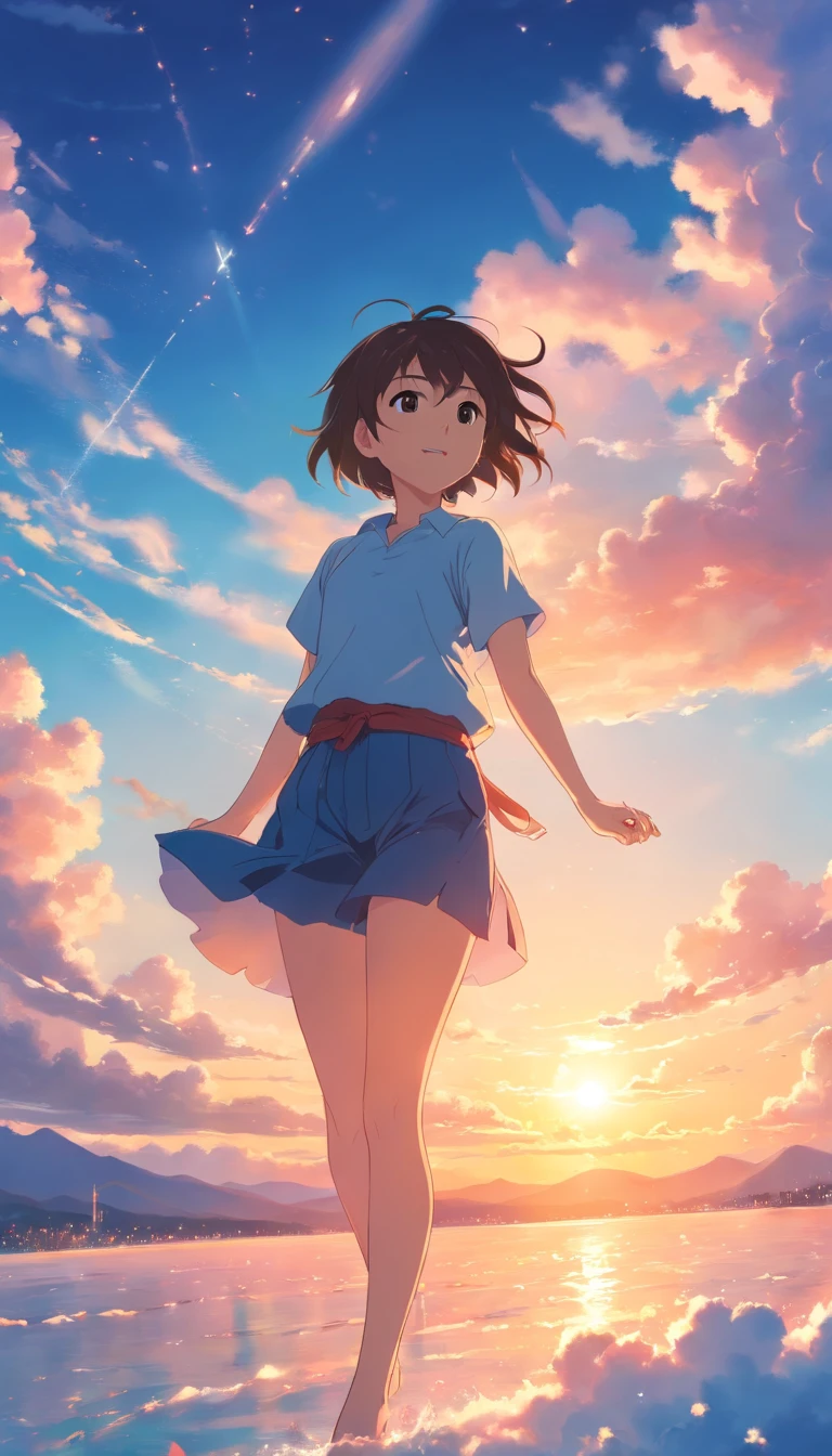 masterpiece, best quality, movie still, 1girl, cloud girl, floating in the sky, close-up, bright, happy, warm soft lighting, sunset, (sparks:0.7)