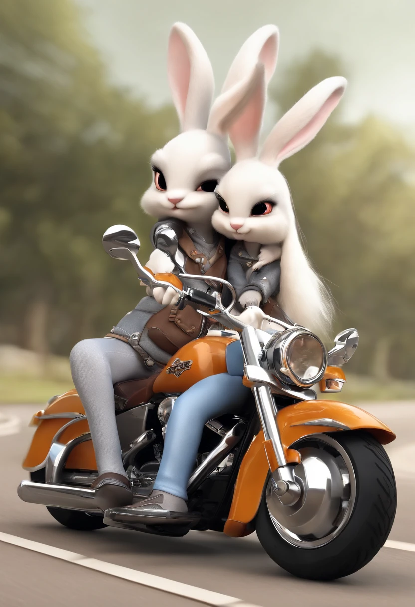 (((Cartoon Character 1.3))),(((Two cute bunnies cuddled together on a Harley-Davidson motorcycle))),Wear a steel helmet,The rabbit wears a speckled vest,Denim shorts on the bottom,Long white hair that floated up,Naughty expression,HD Real,Black eyes,Flying figure,HD picture,Sony SLR lens,Shoot at medium distance,Soft lighting,tmasterpiece