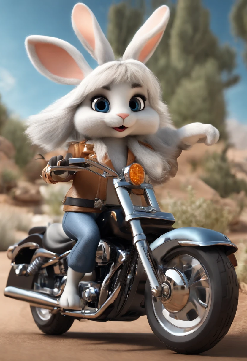 (((Cartoon Character 1.3)))，(((Two cute bunnies cuddled together on a Harley-Davidson motorcycle)))，Wear a steel helmet，The rabbit wears a speckled vest，Denim shorts on the bottom，Long white hair that floated up，Naughty expression，HD Real，Black eyes，Flying figure，HD picture，Sony SLR lens，Shoot at medium distance，Soft lighting，tmasterpiece