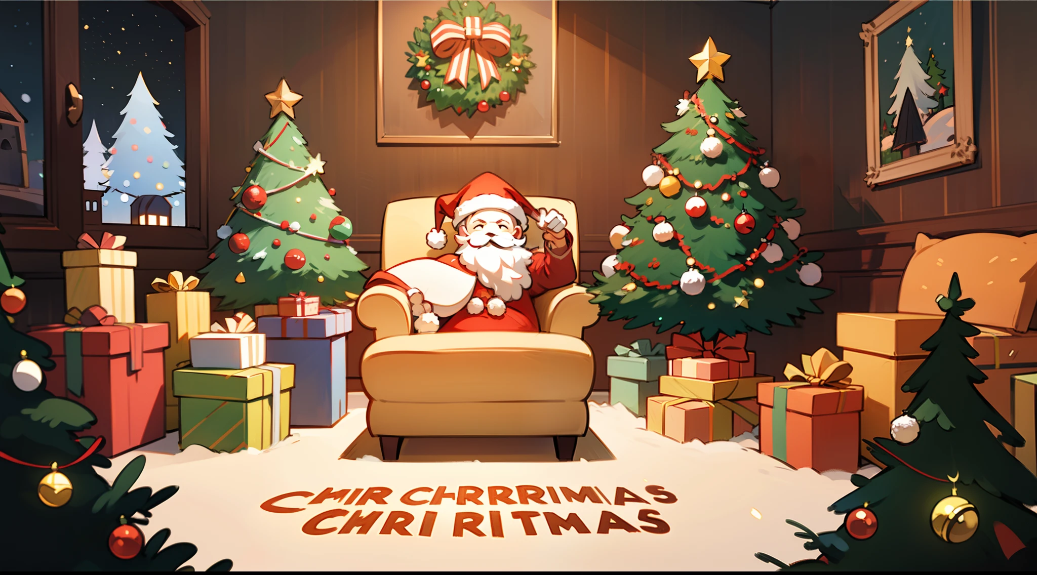 best qualtiy,16k,8K,True exposure,Ray traching,Excellent image quality,Christmas poster,Childlike,Christmas atmosphere,A real Christmas tree,pompon,bell,Luminous colored light bar,inside in room,Chilling,Santa Claus hat,Christmas decorations are hung on the wall,snowflower
