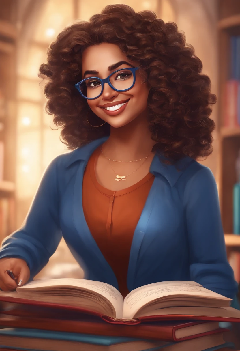 Cartoon character of a female teacher with books, pencil and pen, curly hair below the shoulder with blue clothes with a lighted environment, blue glasses and with a charming smile