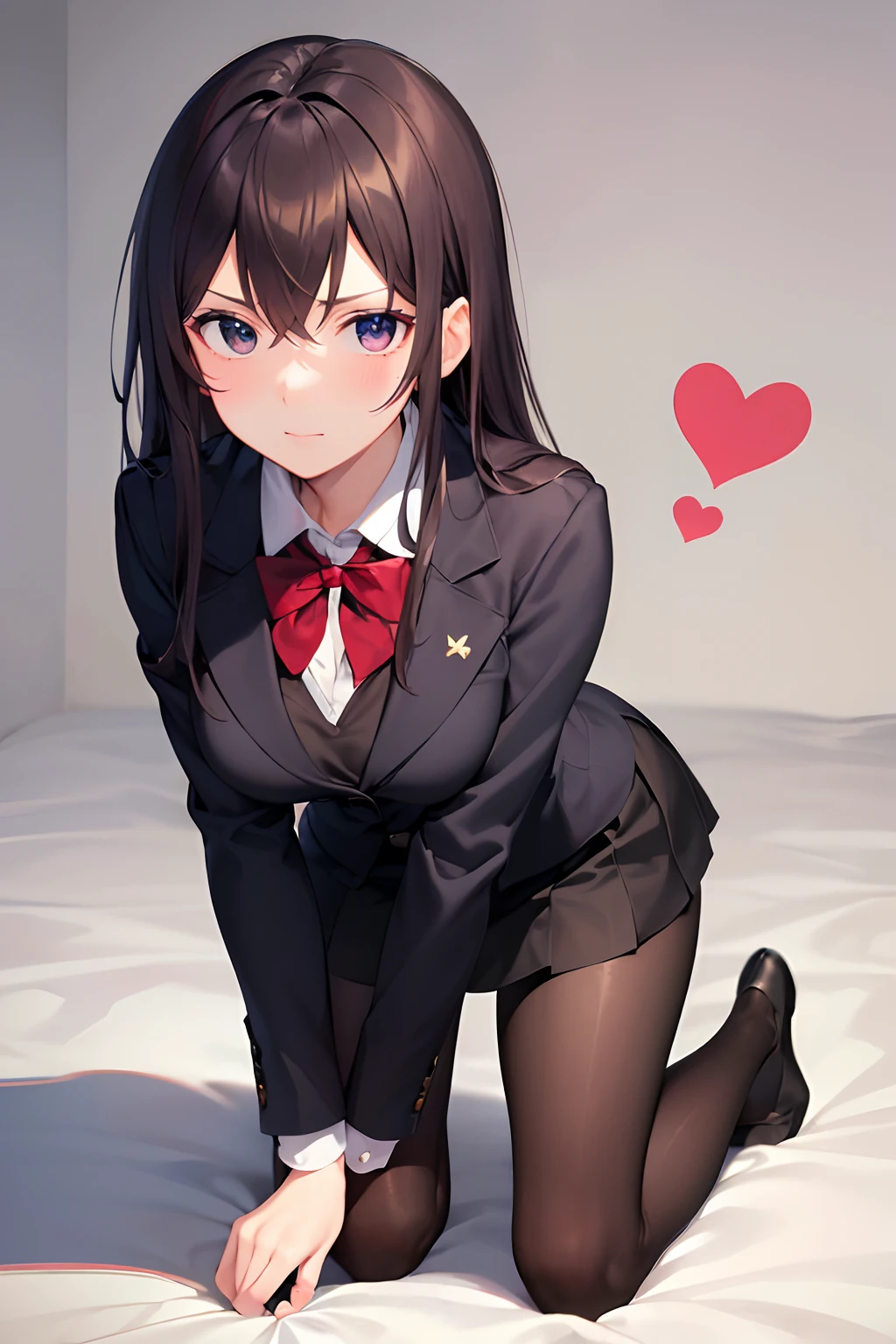 (8k), (high resolution), (masterpiece), best quality, expressive eyes, perfect face, A girl girl wearing a black miniskirt and black pantyhose with a red and black blazer one, school girl, heart eyes, looking at viewer with lust, Dark brown hair, kneeling, medium breasts, down to viewer's eye level, (((very close to viewer)))