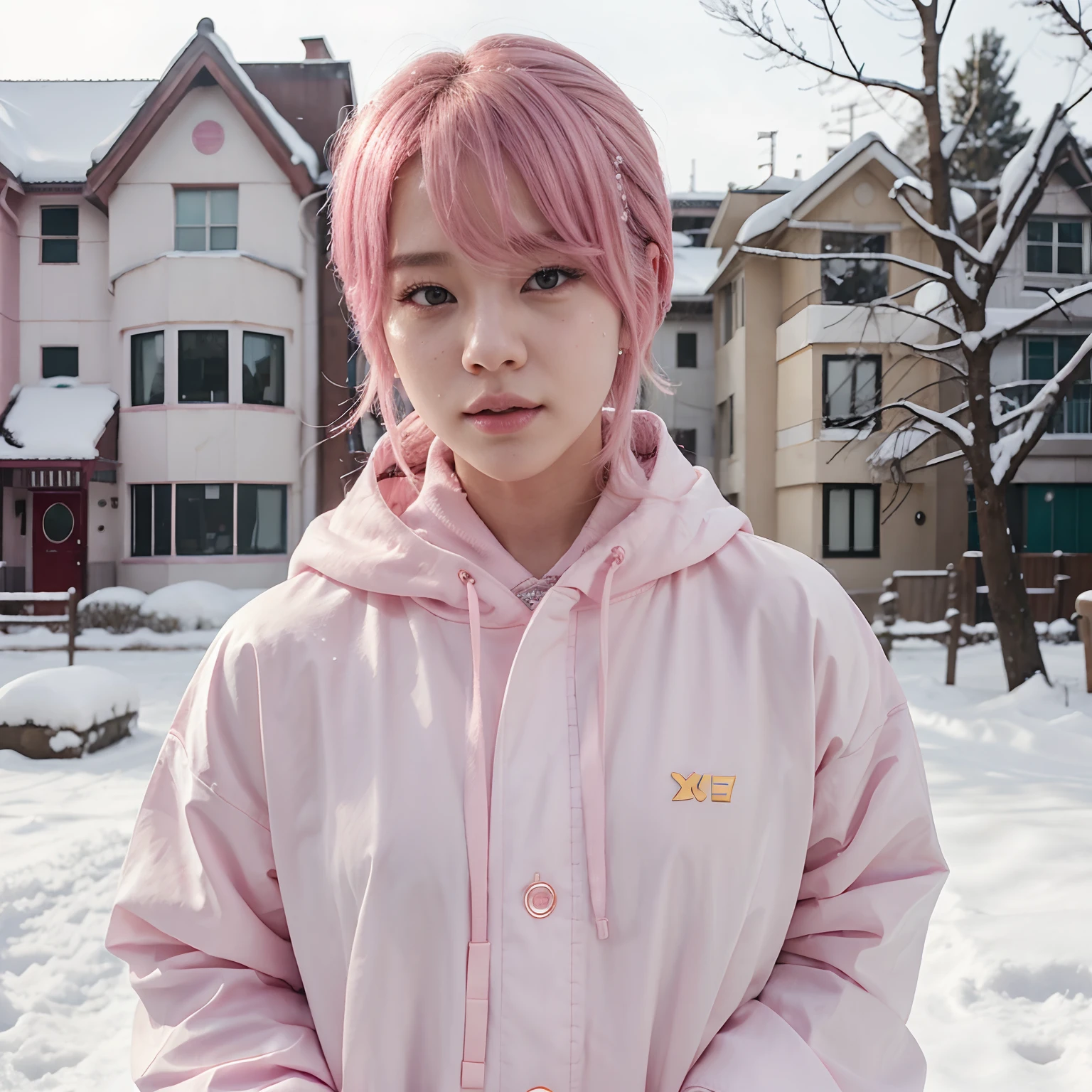 Jimin bts pink hair, Korean face, pink face, yellow shirt, in the snow