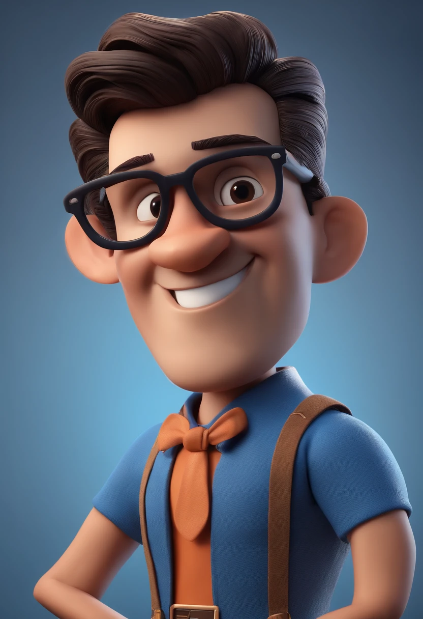 Cartoon character of a man in black glasses and blue shirt, an animated character, stylized character, animation style rendering, 3d stylized, Arnold Maya rendering, Stylized 3D rendering, toon render screenshot, 3d character, 3d character, Stylized 3D rendering, 3D character rendering, cartoon character, Personagem de close up, character posing, (Pixar-style) (master part:1.2) (bokeh) (best qualityer) (skin detailed) (detailed texture) (8K) (Argilla) (cinematic lighting) (sharp focus，Sit down and lift your upper body
