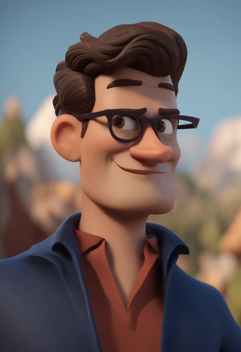Cartoon character of a man wearing black glasses and a blue shirt, um personagem animado, Caractere estilizado, animation style rendering, 3D estilizado, Arnold Maya render, 3 d render stylized, toon render keyshot, Personagem 3D, Personagem 3D, 3d rendering stylized, 3 d character render, personagem de desenho animado, Personagem de close up, Pose de personagem, (Estilo Pixar) (master part:1.2) (Bokeh) (best quality) (pele detalhada) (textura detalhada) (8k) (argila) (Cinematic lighting) (foco nítido,Senta e vaza a parte superior do corpo