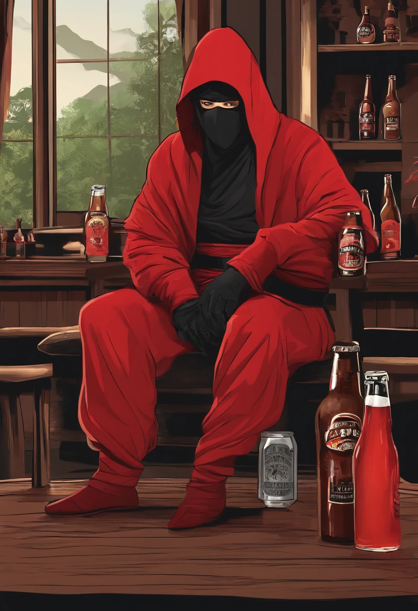 Red ninja drinking beer