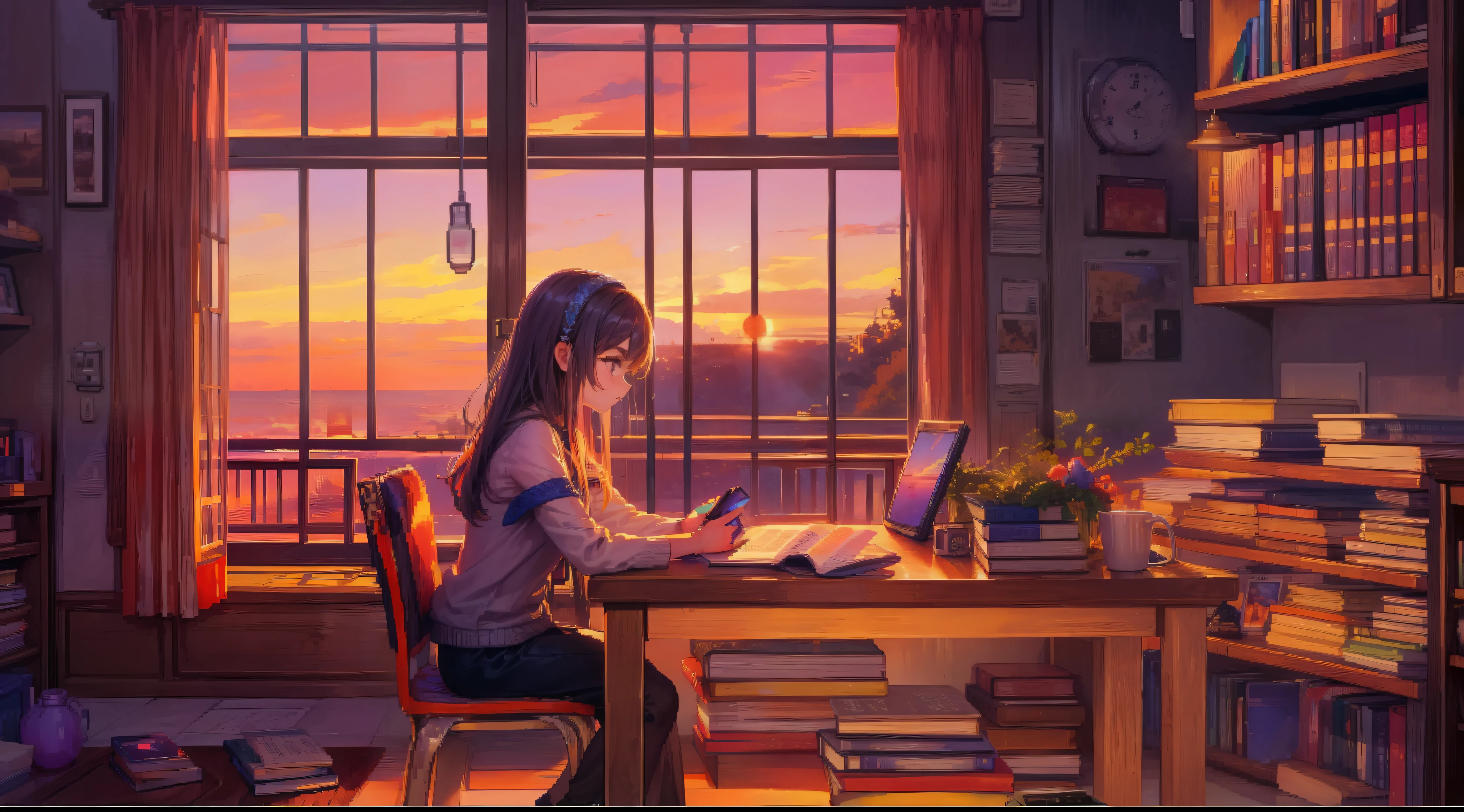 Mulher sentada na mesa de estudo lendo livro, Noite, Sunset, ao lado da janela, Pixel Art, usando fones de ouvido