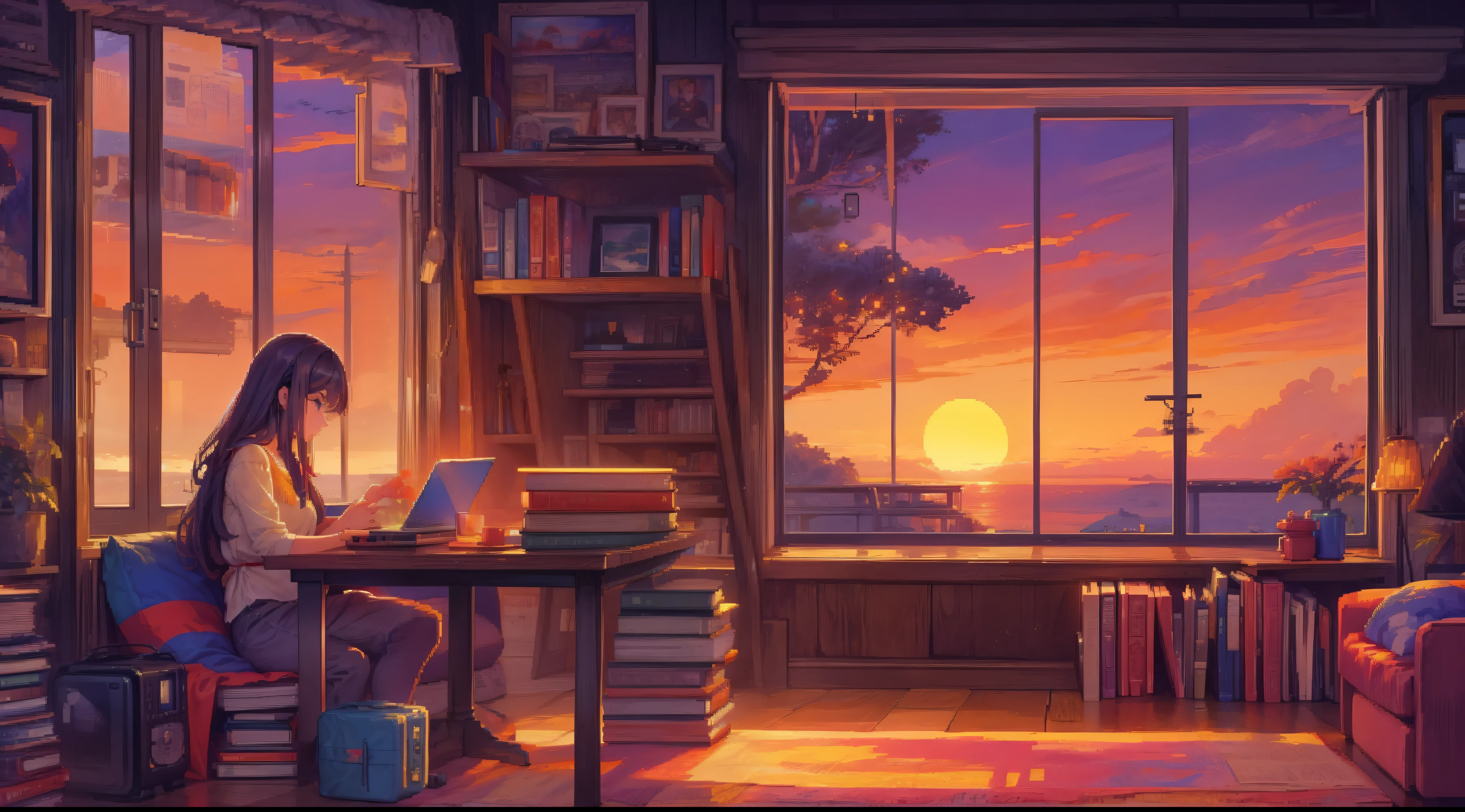 Mulher sentada na mesa de estudo lendo livro, Noite, Sunset, ao lado da janela, Pixel Art, usando fones de ouvido