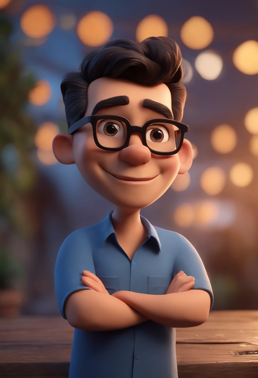 Cartoon character of a man with black glasses and a blue shirt, animation character, Caractere estilizado, animation style rendering, 3D estilizado, Arnold Maya render, 3 d render stylized, toon render keyshot, Personagem 3D, Personagem 3D, 3d rendering stylized, 3 d character render, personagem de desenho animado, Personagem de close up, Pose de personagem, (Estilo Pixar) (master part:1.2) (Bokeh) (best quality) (pele detalhada) (textura detalhada) (8k) (argila) (Cinematic lighting) (foco nítido