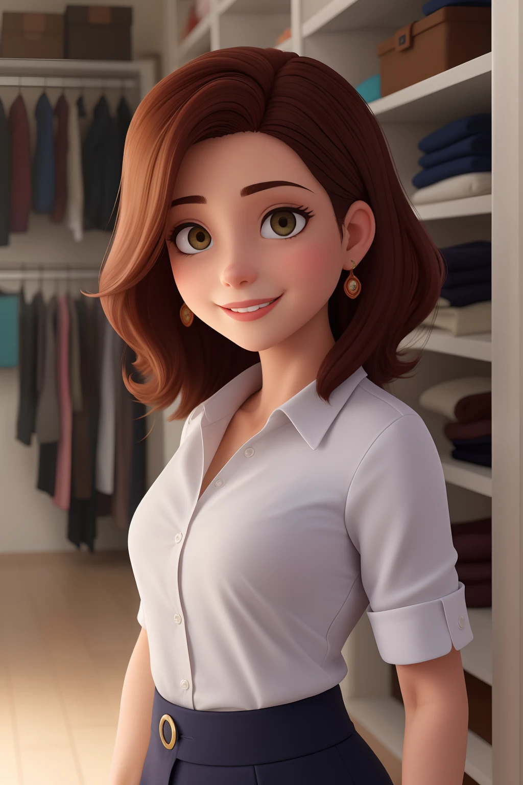 Uma mulher de 30 anos, trabalhando no closet cabelo castanho escuro, Rosto redondo, sorriso encantador, e olhos castanhos e levemente puxados, pele morena, de camisa e trabalhando.