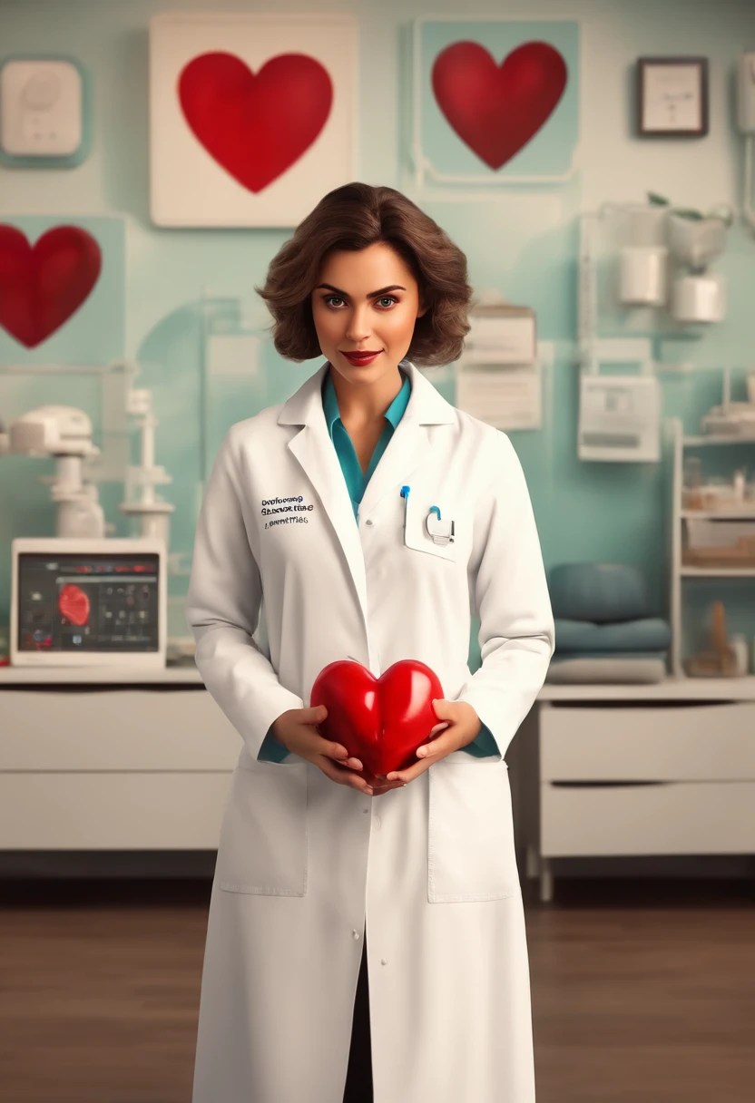 Um filme inspirado na Disney Pixar (30-YEAR-OLD WOMAN IN WHITE COAT WRITTEN AMANDA MOREIRA, PHYSIOTHERAPIST HOLDING A HUMAN HEART) Inside a doctor's office in the background anatomy pieces in the PIXAR style, descolada e estilosa