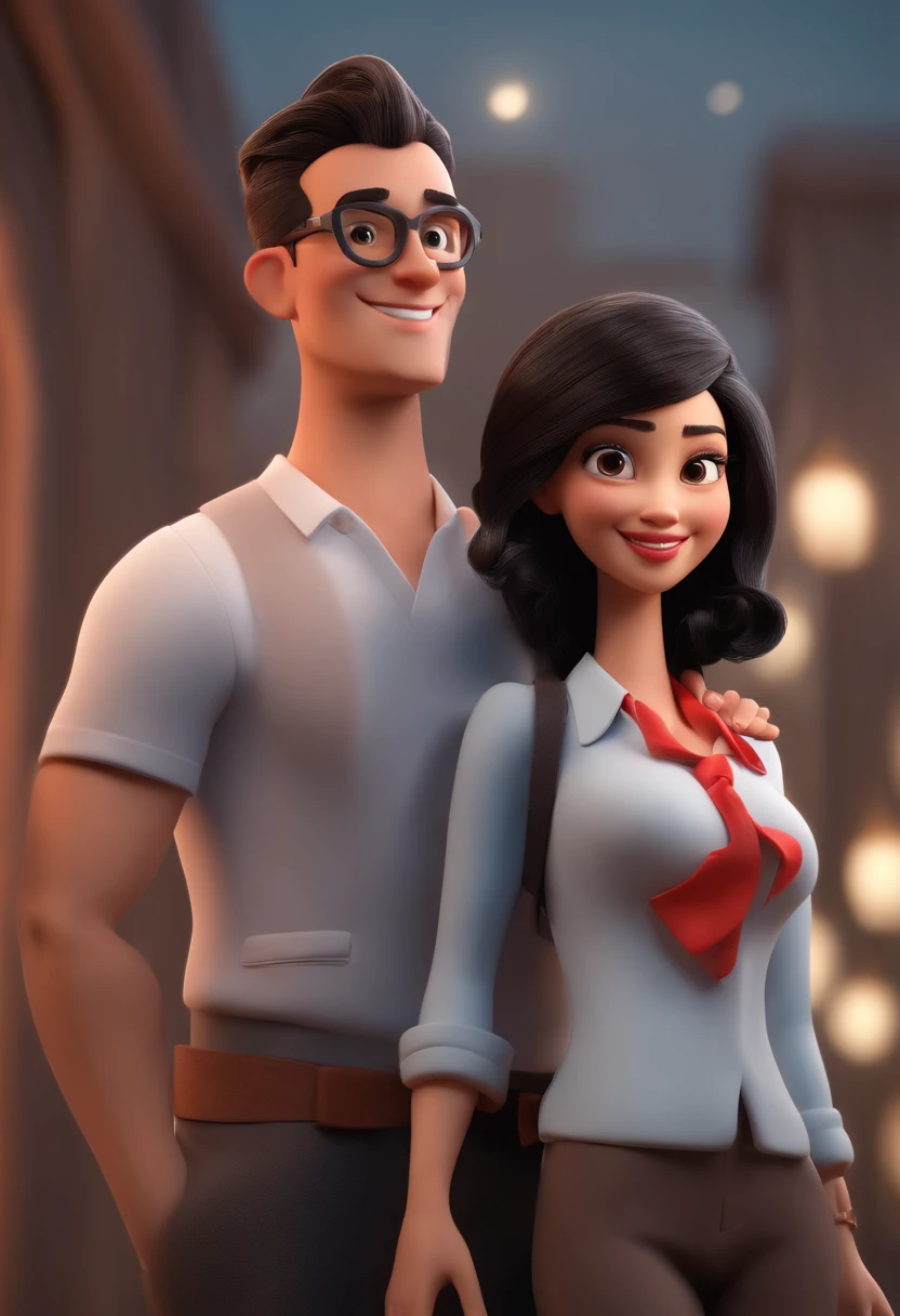 personagens dos desenhos animados de uma mulher jovem, cabelo comprido liso marrom, With red glasses and a black shirt and a young oriental man, Chinese black hair smiling, animation character, Caractere estilizado, animation style rendering, 3D estilizado, Arnold Maya render, 3 d render stylized, toon render keyshot, Personagem 3D, Personagem 3D, 3d rendering stylized, 3 d character render, personagem de desenho animado, Personagem de close up, Pose de personagem, (Estilo Pixar) (master part:1.2) (Bokeh) (best quality) (pele detalhada) (textura detalhada) (8k) (argila) (Cinematic lighting) (foco nítido