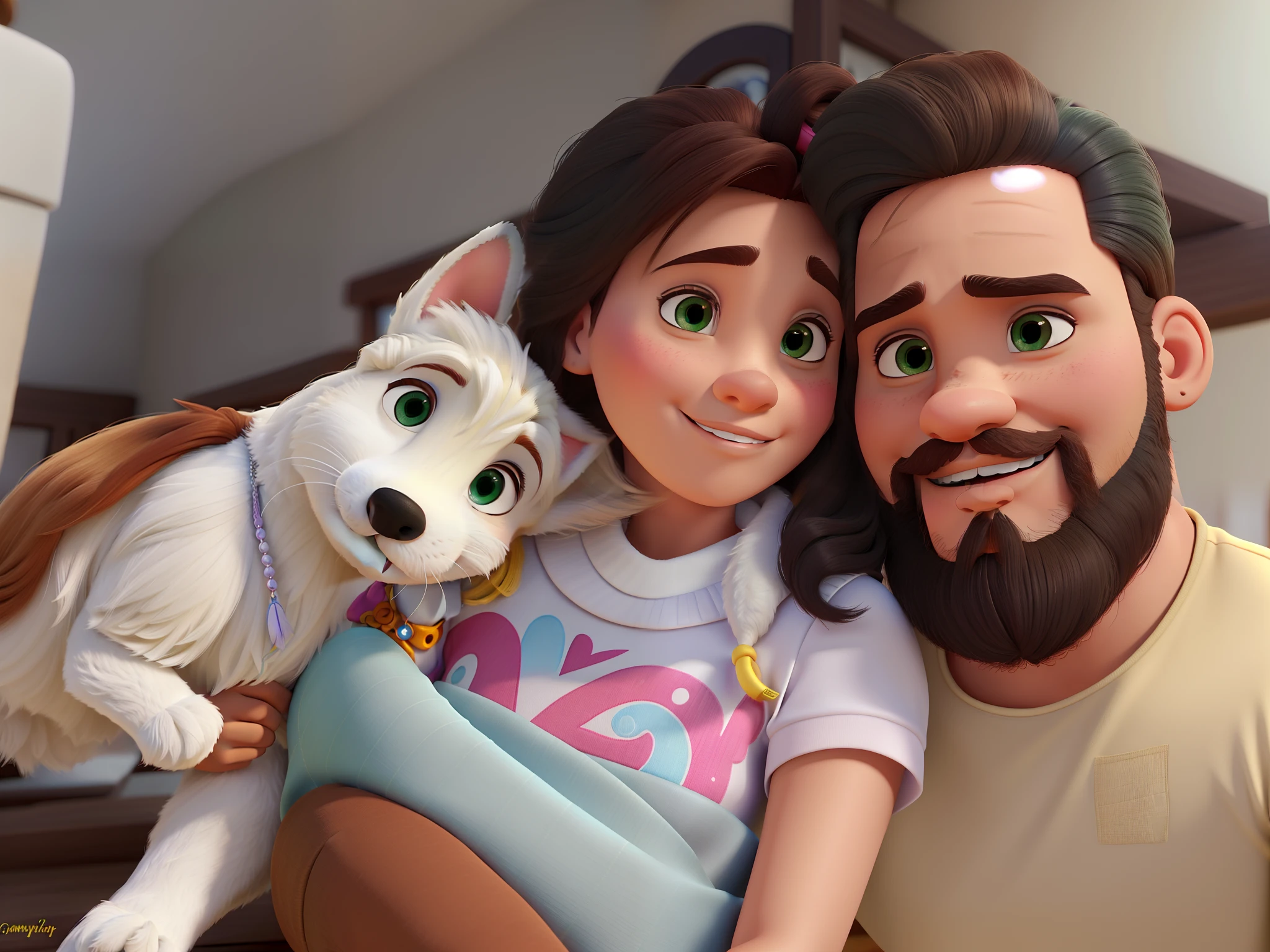 Casal estilo disney pixar melhor qualidade alta qualidade. Homem branco cabelo curto crespo e barba olhos cor ocre, mulher ruiva olhos verdes cabelos longos lisos, Poodle breed dog white color