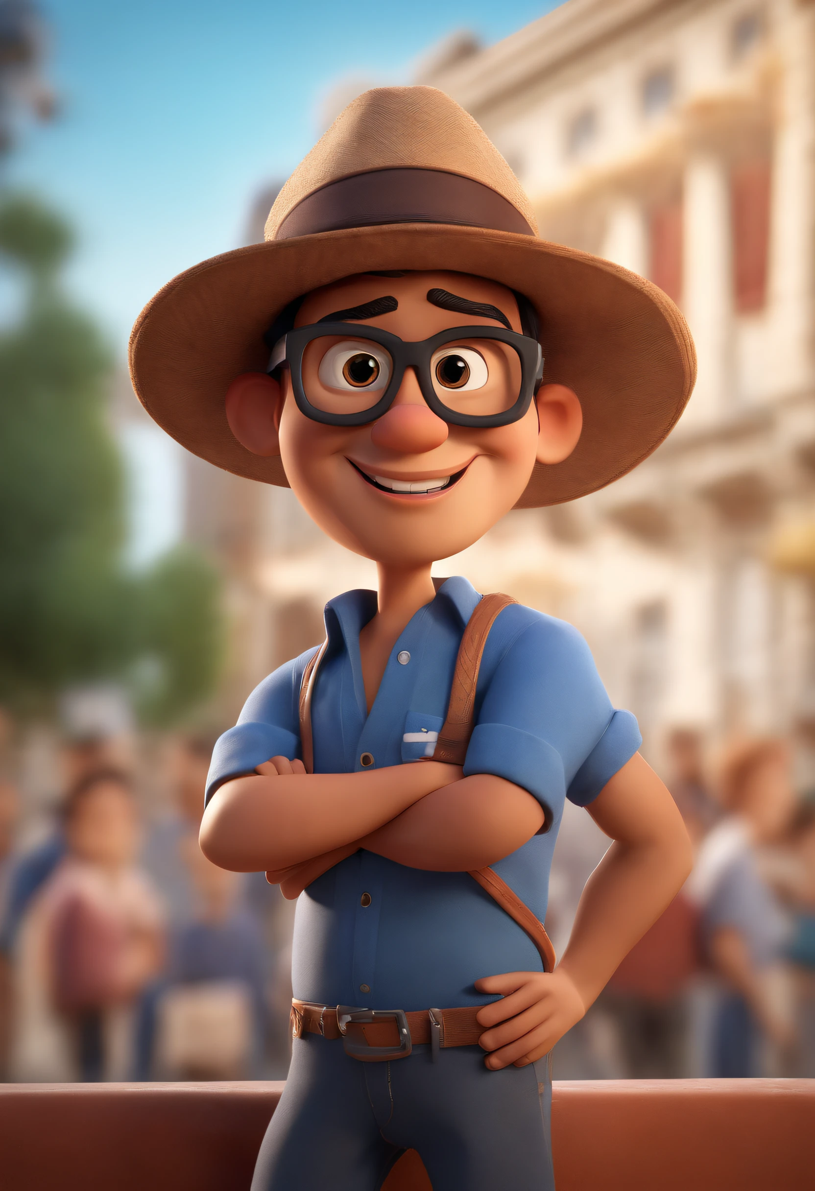 Cartoon character of a man with black glasses and a blue shirt, olhos verdes, animation character, Caractere estilizado, animation style rendering, 3D estilizado, Arnold Maya render, 3 d render stylized, toon render keyshot, Personagem 3D, Personagem 3D, 3d rendering stylized, 3 d character render, personagem de desenho animado, Personagem de close up, Pose de personagem, (Estilo Pixar) (master part:1.2) (Bokeh) (best quality) (pele detalhada) (textura detalhada) (8k) (argila) (Cinematic lighting) (foco nítido
