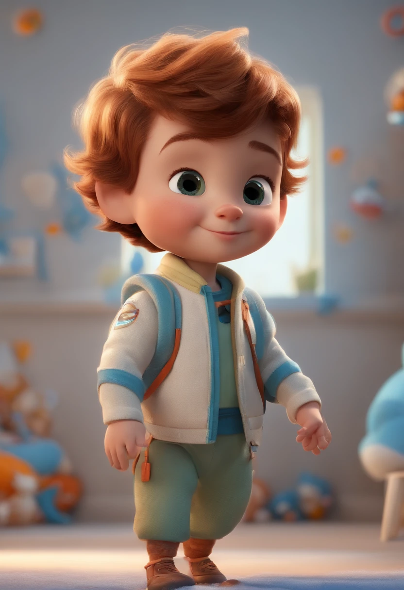 a happy cute  standing short hair, vestindo uma fantasia espacial, , fundo branco, barnet, Tom, Estilo Pixar, ....3d, desenhos animados, rosto detalhado, asymmetrical 16k