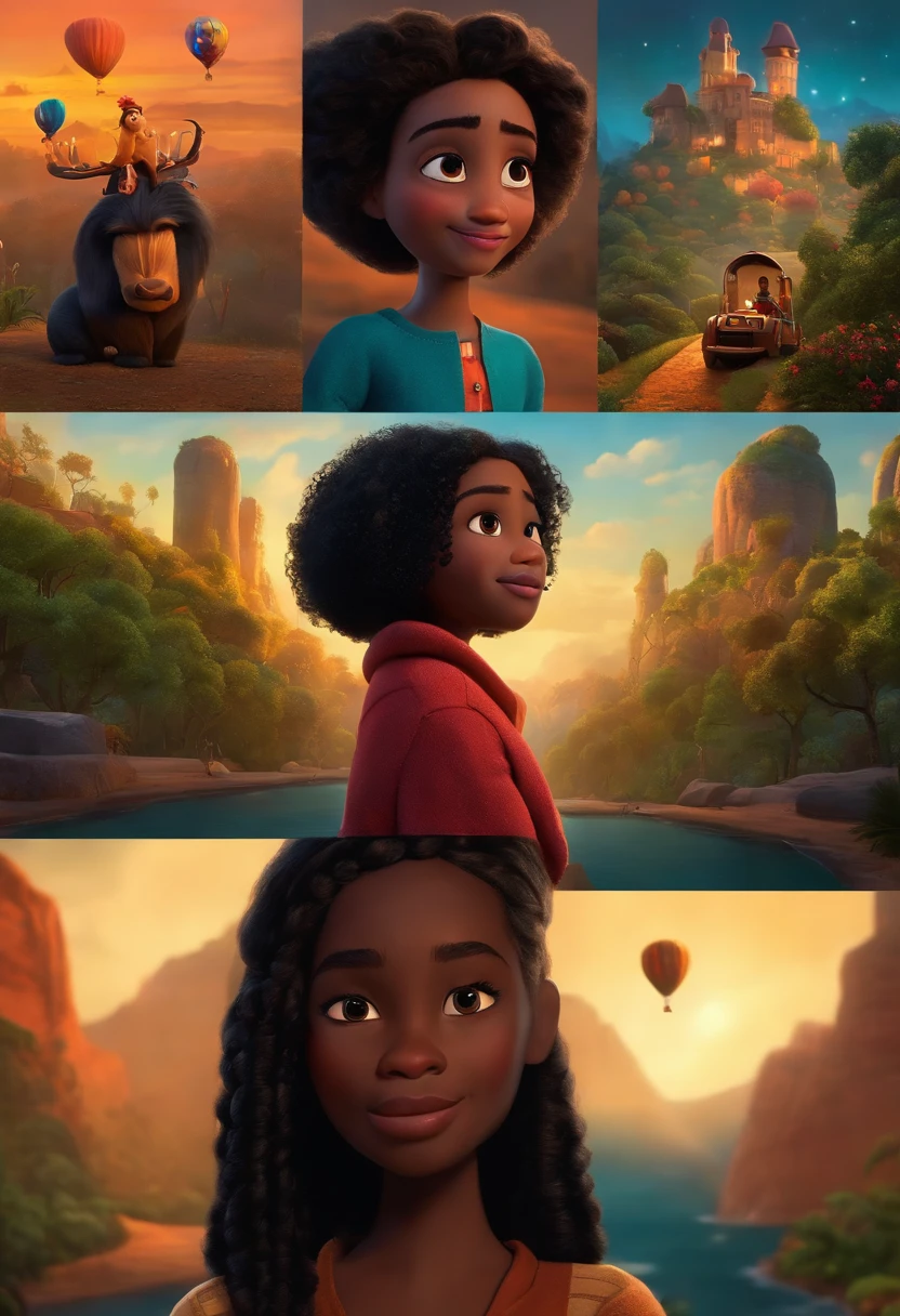 Um filme inspirado na Disney Pixar (MENINA NEGRA JOVEM COM CABELO LONGO CACHEADO PRETO) dentro A cena estar na arte distinta do estilo PIXAR, descolada e estilosa
