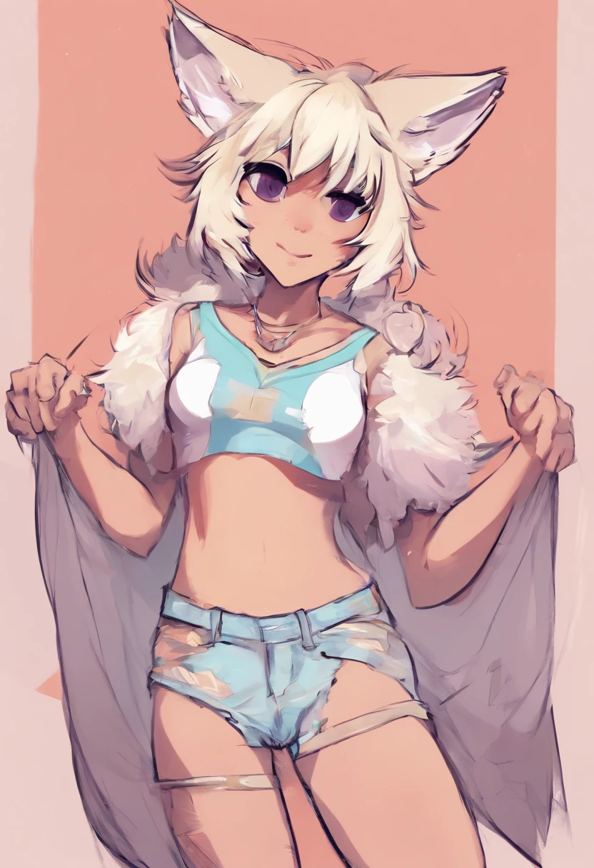 furry, cute femboy wearing a short sleeve t-shirt and panties