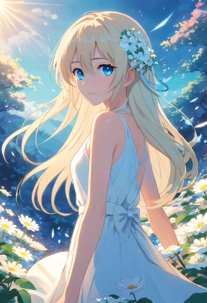 Trading, blue eyes, flowers, white long hair, white dress