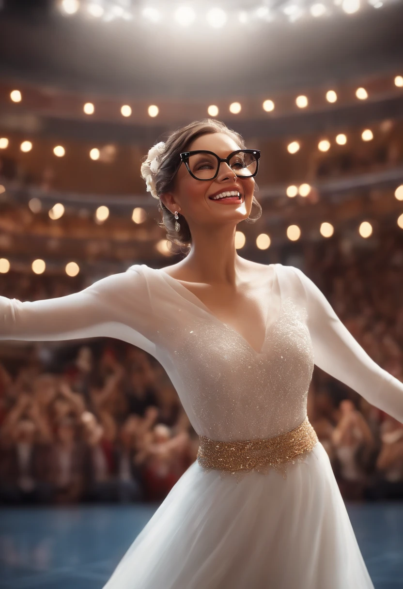 "(best quality,ultra-detalhado,Realistic:1.37),3D rendering,illustration,design de personagens,cabelos curtos e cacheados escuros,belos olhos detalhados,wearing white glasses,Estilo Pixar,morena mulher,Dancing on the Disney stage,atmosfera animada,vivid colors,luzes de palco,expression joyful"