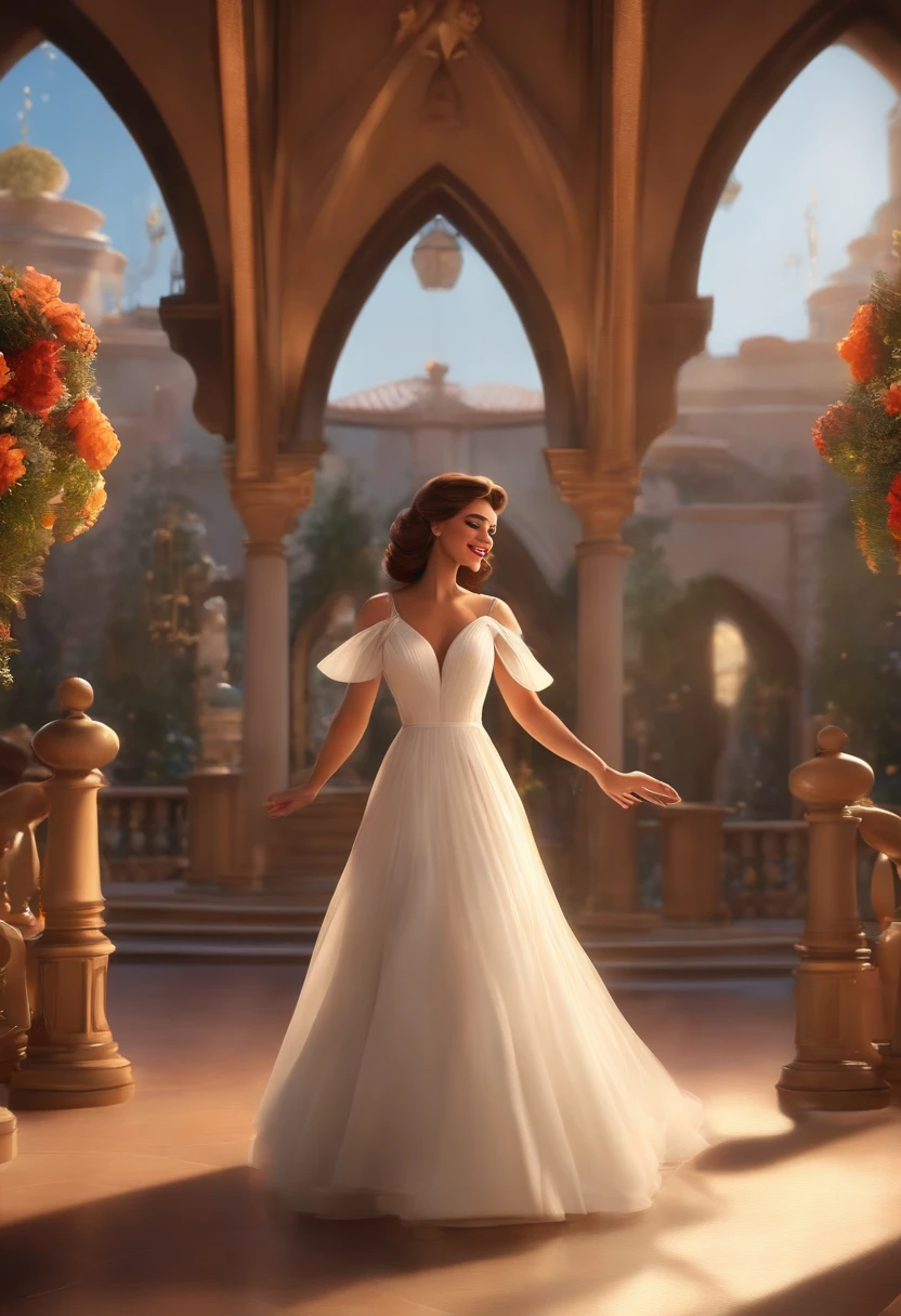 "(best quality,ultra-detalhado,Realistic:1.37),3D rendering,illustration,design de personagens,cabelos curtos e cacheados escuros,belos olhos detalhados,wearing white glasses,Estilo Pixar,morena mulher,Dancing on the Disney stage,atmosfera animada,vivid colors,luzes de palco,expression joyful"