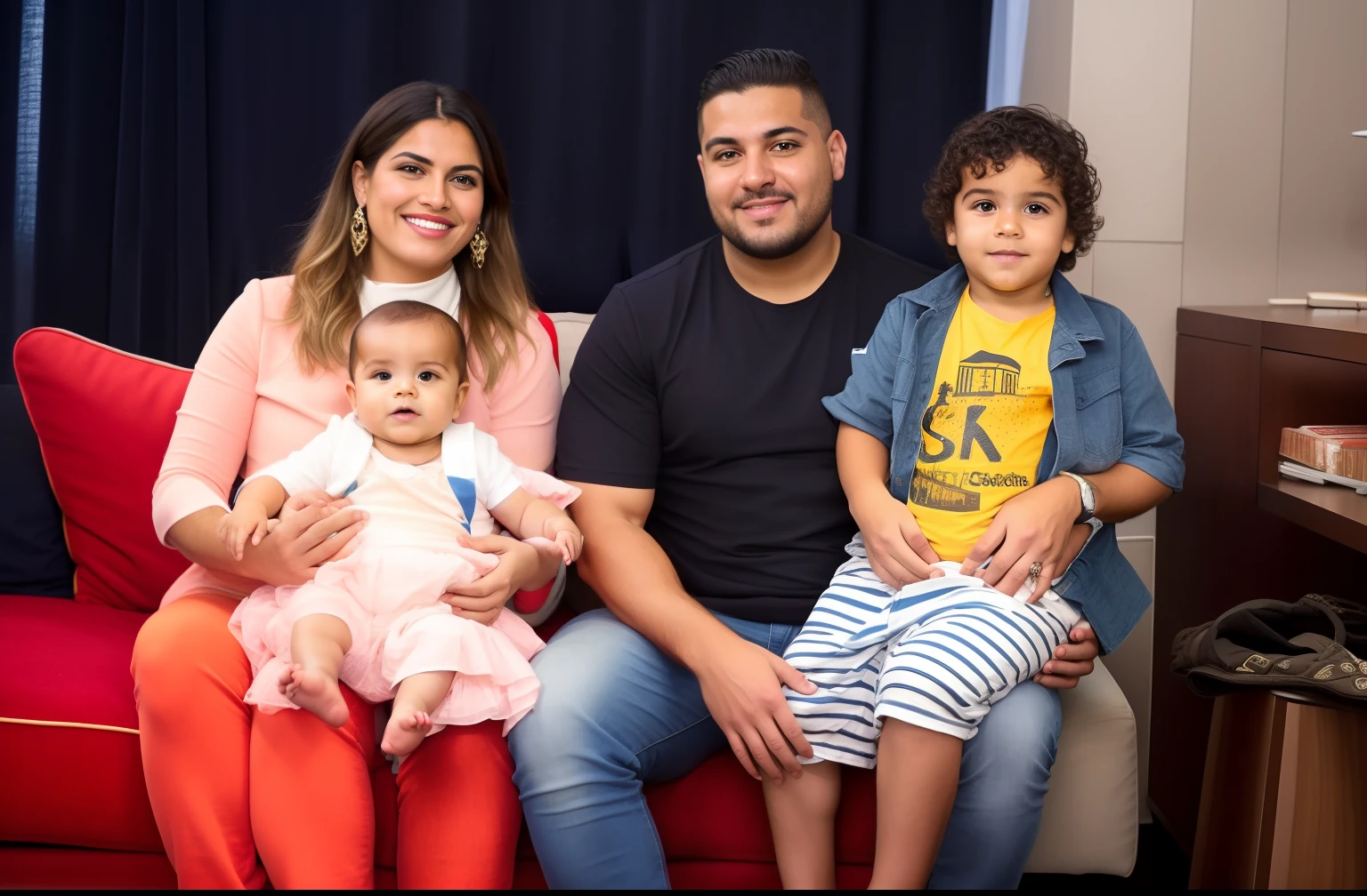 There's three people sitting on a red couch with a baby, ástor alexander, family portrait, Directed by: Nandor Soldier, imagem de perfil, Happy family, Condutor de Ene, Family photo, by Amelia Peláez, belos arredores, foto do perfil, foto retrato, Upload de alta qualidade, Directed by: Alexander Fedosav, Cristiano Orrillo, daniel mirante