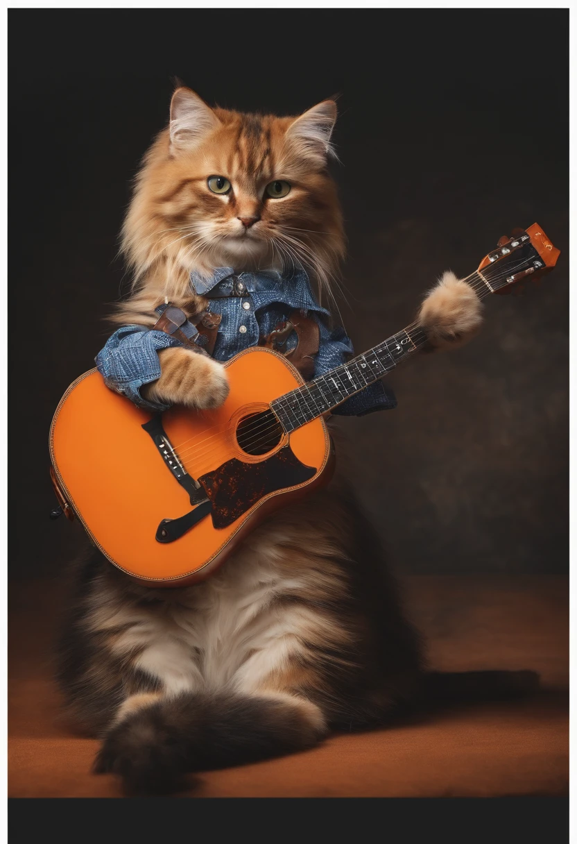 Create me a picture of a cat dressed in the shirt and orange written That's it in English like playing a guitar in pixar