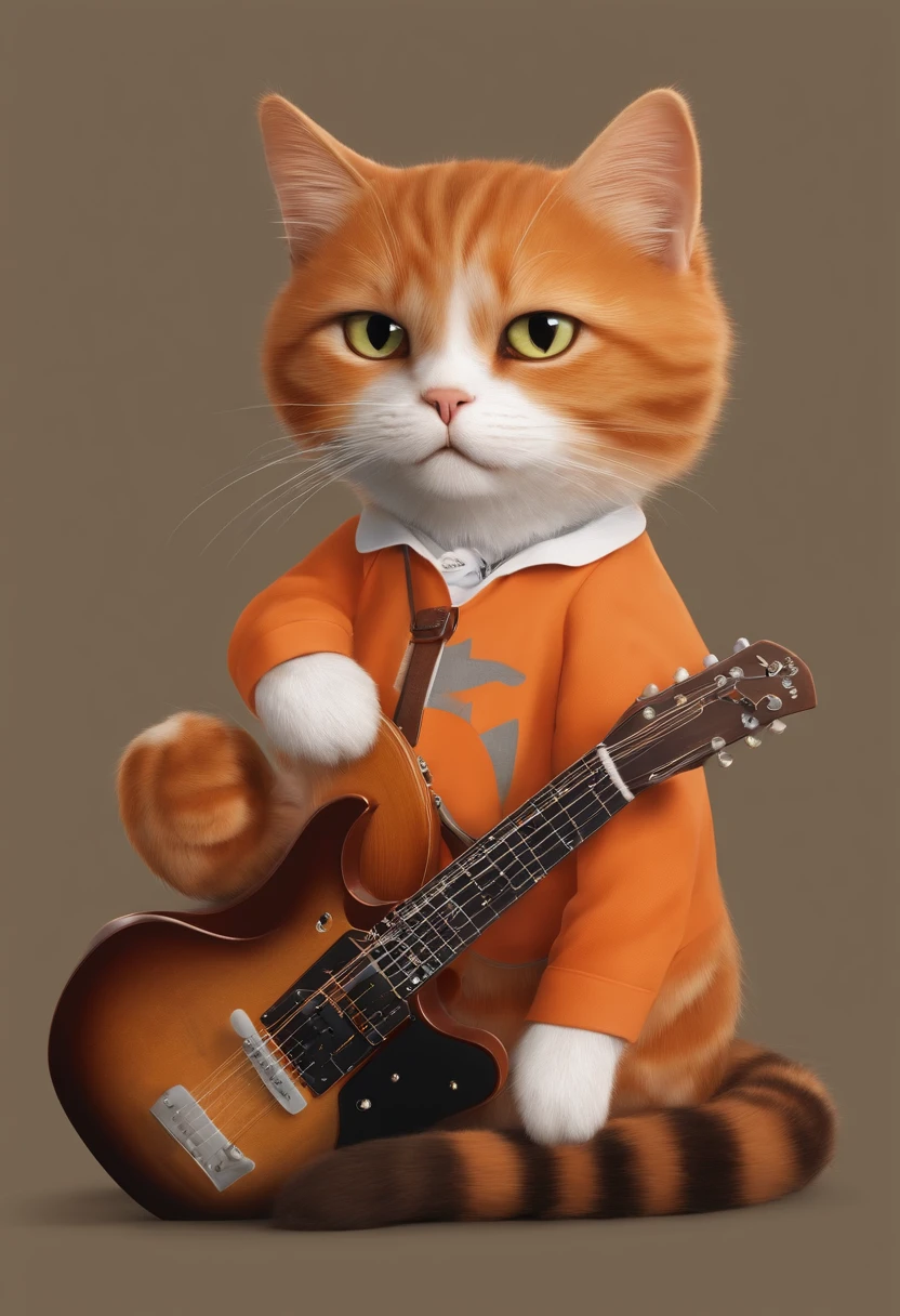 Create me a picture of a cat dressed in the shirt and orange written That's it in English like playing a guitar in pixar