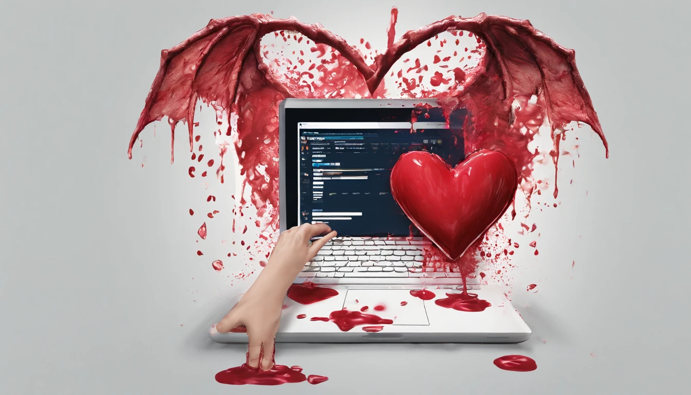 A laptop with a heart on the screen and blood dripping down the screen, Horror a las computadoras personales, Corrupted data, Technological angst, Corrupted file, Screen Fusion, (arte digital), Broken laptop screen, Computer aesthetics, Computer failure, Effects of Piracy, Computer failures, El origen de CyberTimes, Computadora de mano, CGI informático