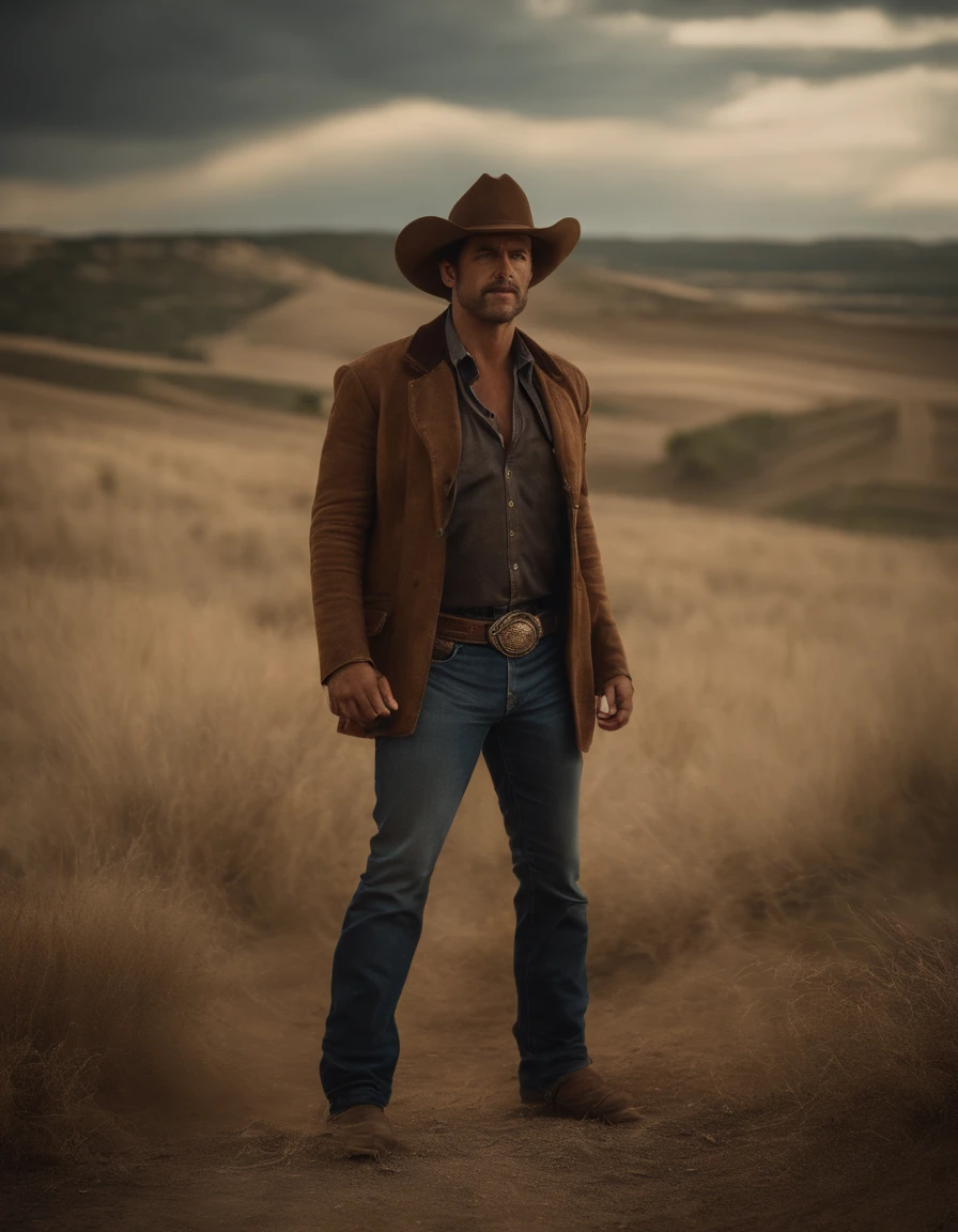 cinematic portrayal, ((parte superior do corpo)), facing the audience, (realidade :1.3), Foto de arte mais bonita do mundo, A man looks at the camera, Looks jeans vintage, Cowboy ocidental, rosto bonito detalhado, action shot, (intrincado :1.4), Fundo ocidental, fotografia realista, Durante o dia, CG, Stand de Arte