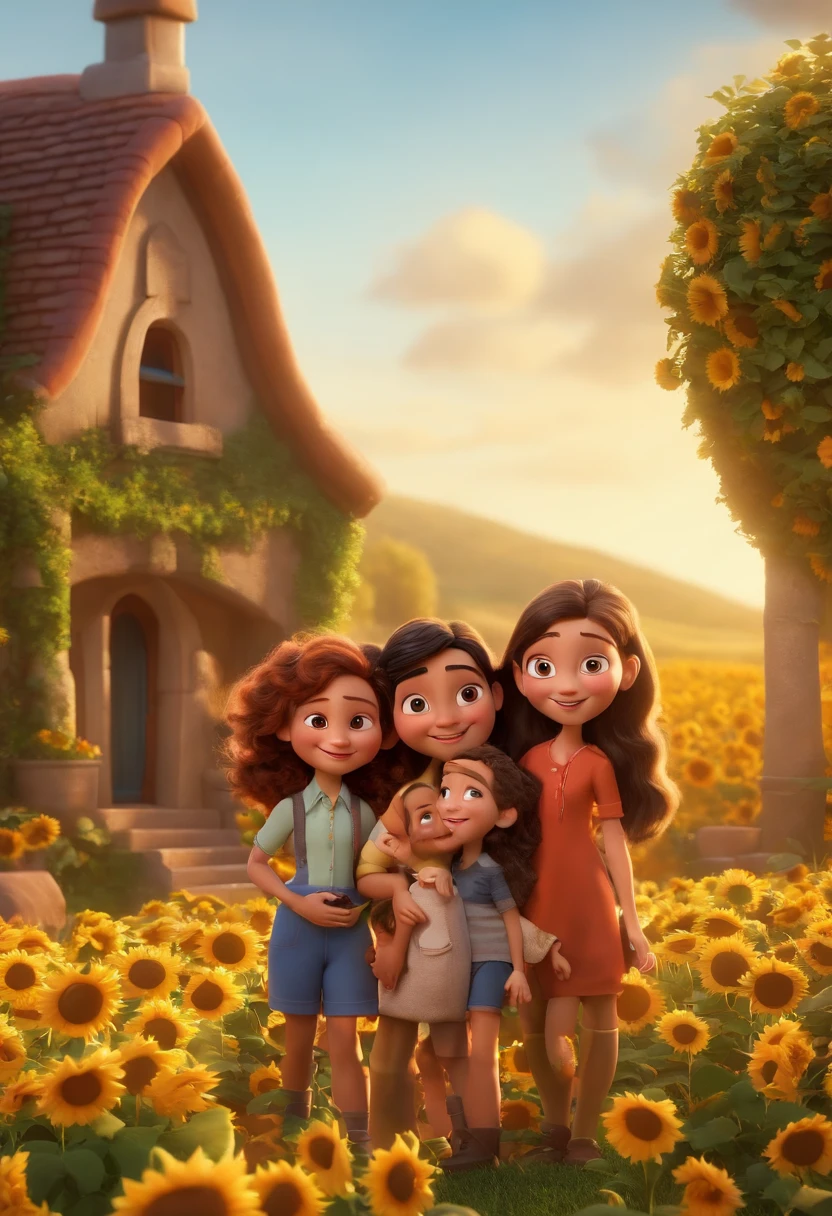 Create a Disney PIXAR-style 3D poster. ((centro da imagem, Triplets)), ((3 children)) ((1 menino no meio e 2 meninas ao lado, They're hugging each other, O menino tem pele castanha e cabelos castanhos escuros e olhos castanhos escuros, 1 menina tem pele clara, olhos e cabelos escuros e cacheados, e a outra menina tem pele morena, olhos escuros e cabelos escuros e lisos)) ((tudo isso no estilo Disney PIXAR 3D, In the background, A house of sunflowers, Gloria Studio, The garden is full of nature 3D render RTX clay material, estilo de design cartunesco, POP Mart, soft lighting, linhas suaves, Spring tilt, Detailed illustrations of PIXAR 3D, Detalhes hiper-realistas, cor quente no estilo Disney PIXAR 3D))