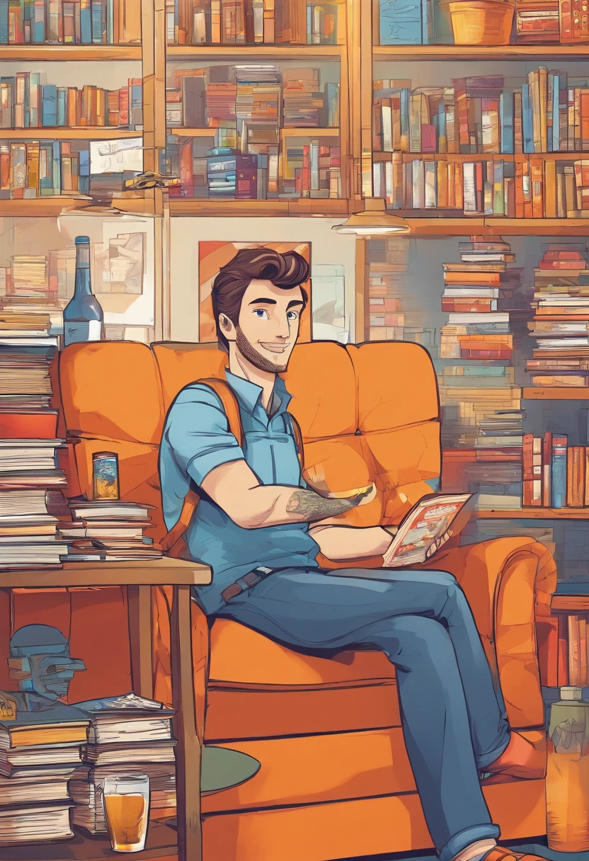Homem jovem, cabelo grisalho, estilo Pixar, camisa cinza com listras azuis, Glass of beer in hand, parede na cor cereja, Orange sofa in the background, estante com livros ao fundo, sorrindo, sombrancelha arqueada,