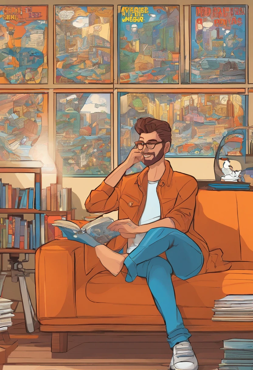 Homem jovem, cabelo grisalho, estilo Pixar, camisa cinza com listras azuis, Glass of beer in hand, parede na cor cereja, Orange sofa in the background, estante com livros ao fundo, sorrindo, sombrancelha arqueada,