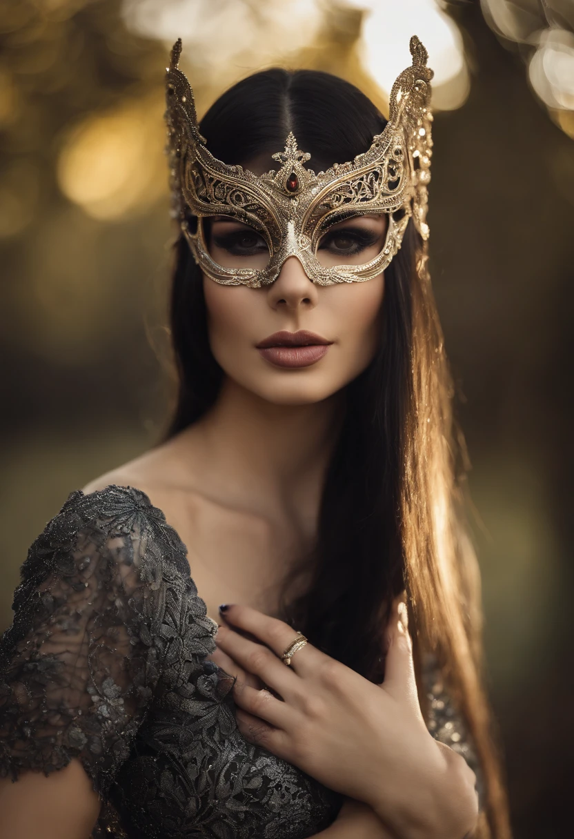 The girl is beautiful, with fair skin, long straight black hair, and is wearing a masquerade mask from a masquerade party. She is approximately 27 years old and is Argentine. The raw, unfiltered picture shows a cute, fit girl with long, straight black hair. She has fair (white) skin, a pronounced bust, and no piercings or tattoos. She is wearing clothes