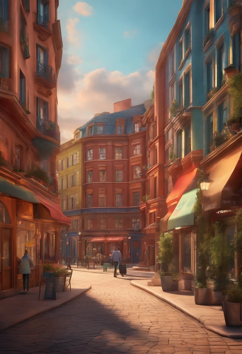 Pixar 3D-style drawing of a slimming clinic in the city center with a character in the foreground
