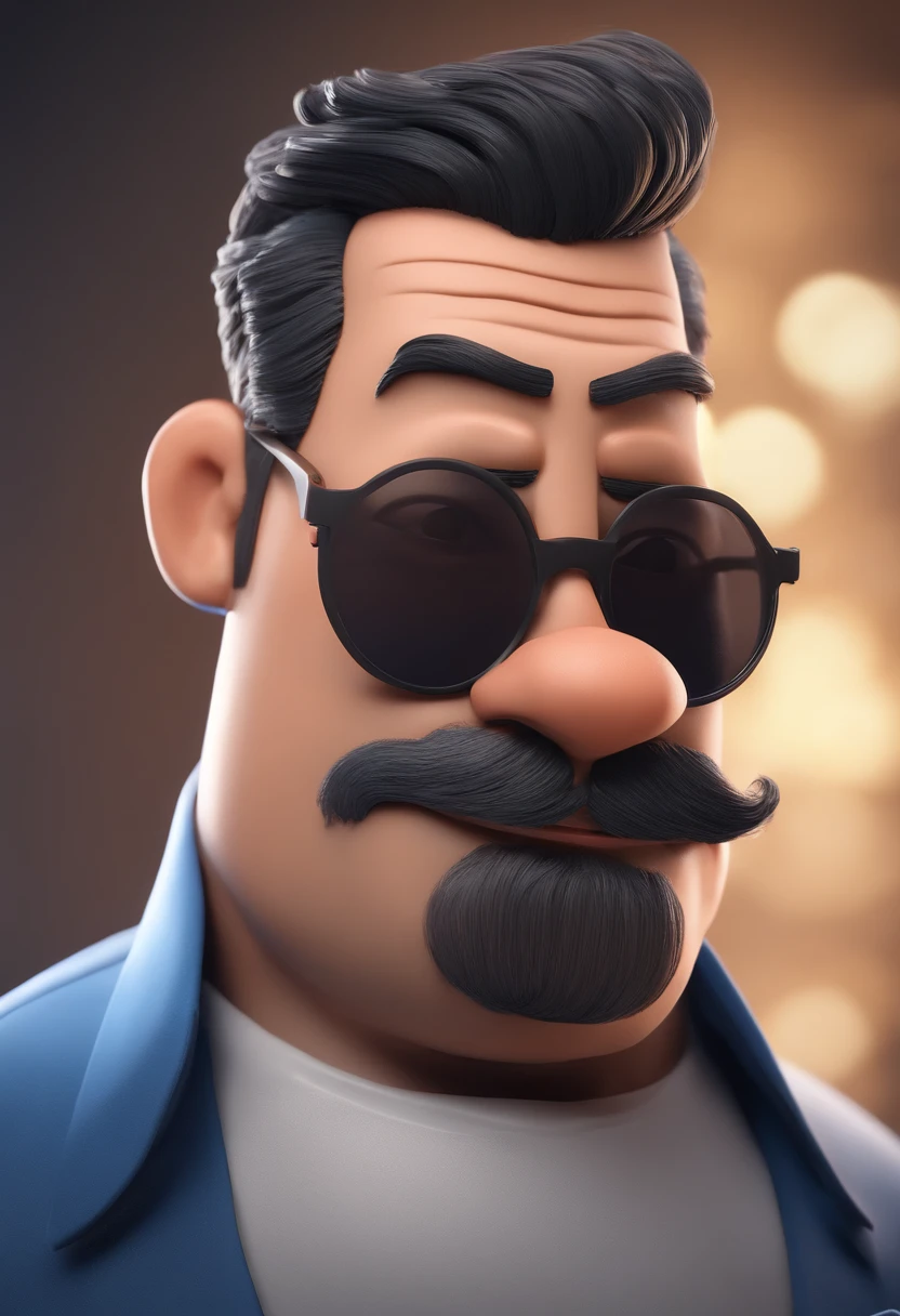 Cartoon character of a man wearing black glasses and a blue shirt, pingente de cruz, cabelo raspado, curto e grisalho, bom barba rala, cavanhaque maior e preta, um personagem animado, Caractere estilizado, animation style rendering, 3D estilizado, Arnold Maya render, 3 d render stylized, toon render keyshot, Personagem 3D, Personagem 3D, 3d rendering stylized, 3 d character render, personagem de desenho animado, Personagem de close up, Pose de personagem, (Estilo Pixar) (master part:1.2) (Bokeh) (best quality) (pele detalhada) (textura detalhada) (8k) (argila) (Cinematic lighting) (foco nítido,Senta e vaza a parte superior do corpo