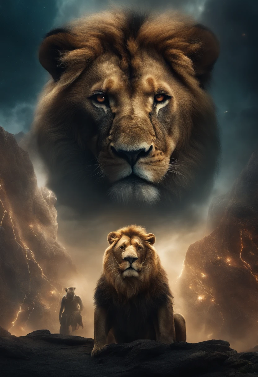 Close-up portrait of a lion, A bear and a rabbit, Humanoids and heroes, In an apocalyptic environment with aliens, Cinematic, Ethereal lighting, The night was cloudy, Complex poses and compositions