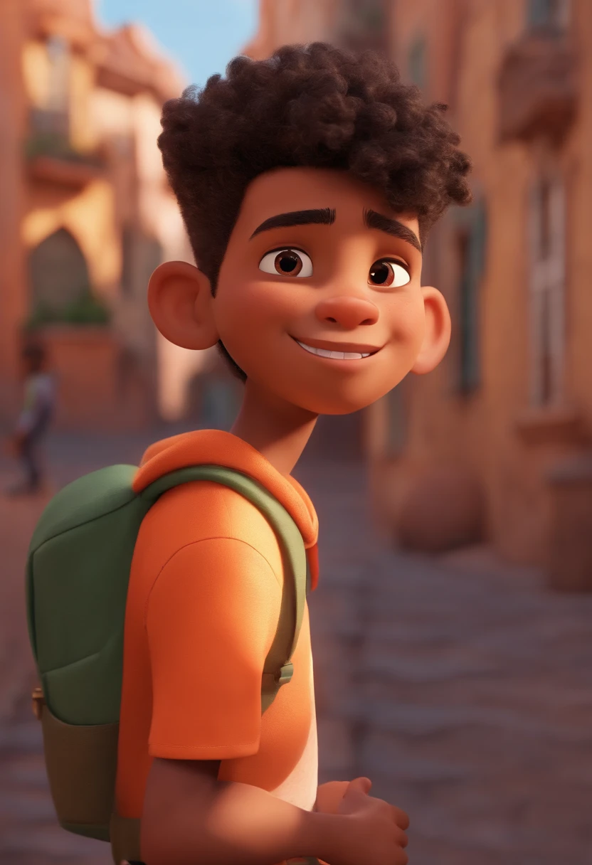 Image of a boy for a story in a YouTube video in Pixar format, He's the allabester, He's the class leader, He's outgoing, Playful and gets up for a lot of things, cabelo curto