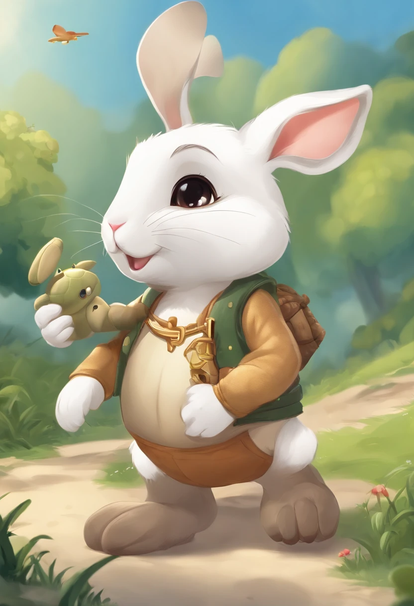 (((Cartoon Character 1.3))),(((A cute rabbit with a tortoise under his feet:1.4))),He wears a big gold medal around his neck,The rabbit wears a speckled vest,Denim shorts on the bottom,Long white hair that floated up,Naughty expression,HD Real,Black eyes,Flying figure,HD picture,Sony SLR lens,Shoot at medium distance,Soft lighting,tmasterpiece