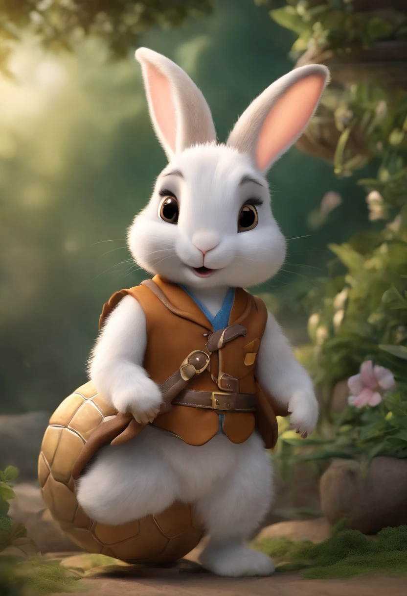 (((Cartoon Character 1.3)))，(((A cute rabbit with a tortoise under his feet：1.4)))，He wears a big gold medal around his neck，The rabbit wears a speckled vest，Denim shorts on the bottom，Long white hair that floated up，Naughty expression，HD Real，Black eyes，Flying figure，HD picture，Sony SLR lens，Shoot at medium distance，Soft lighting，tmasterpiece