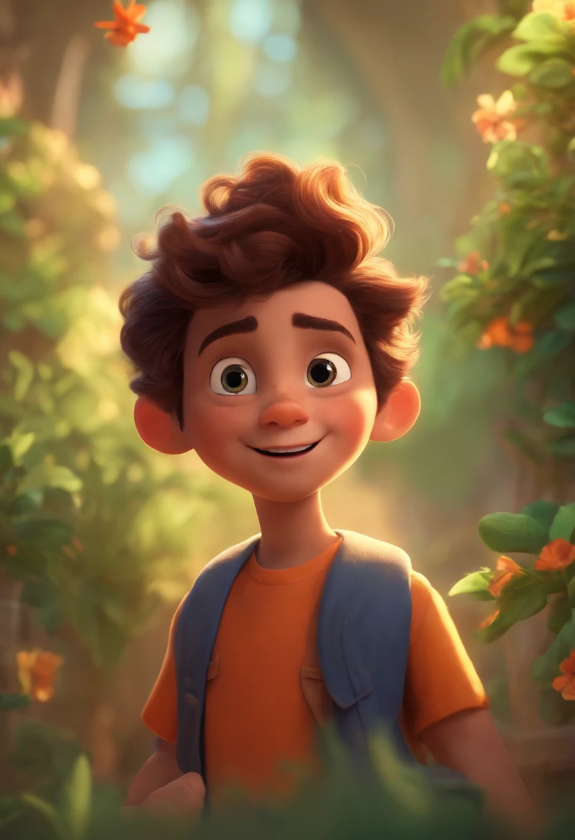 Image of a boy for a story in a YouTube video in Pixar format, He's the little allabester, He's the class leader, He's outgoing, Playful and gets up for a lot of things, cabelo curto