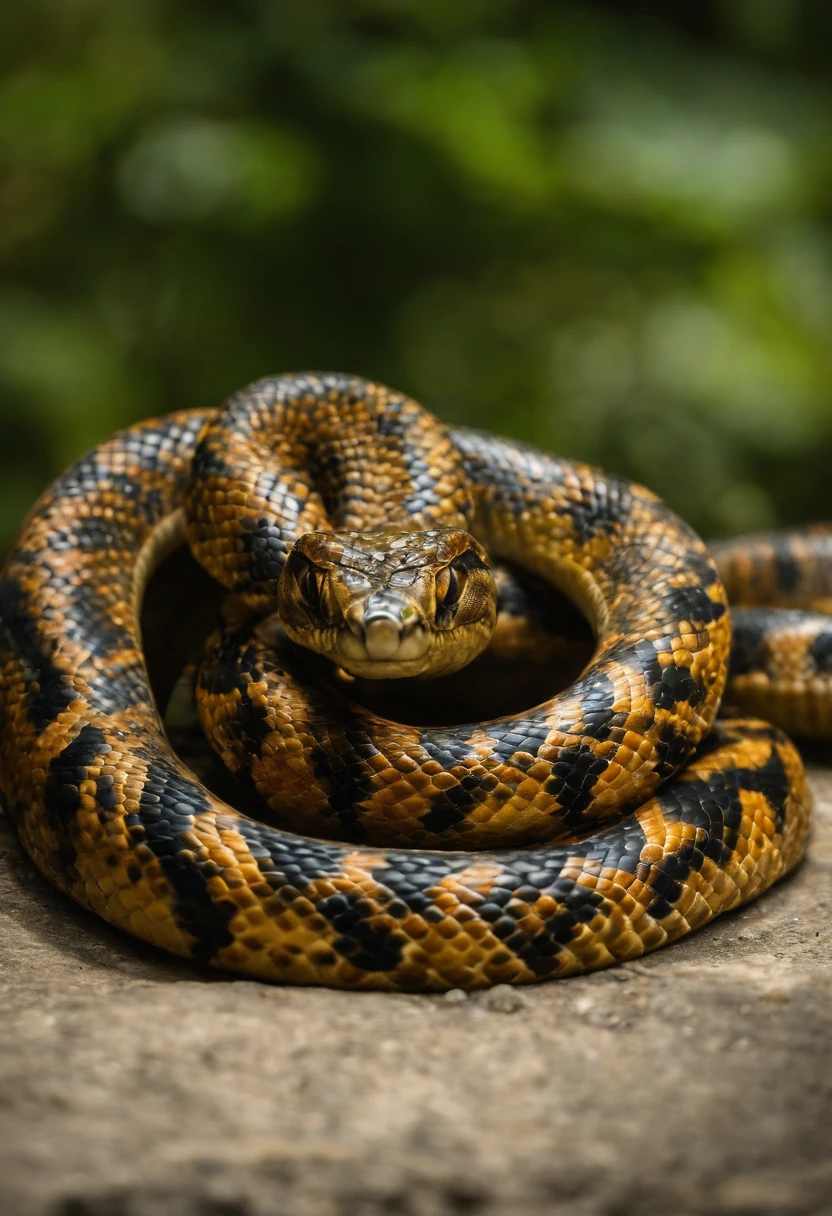Imagine uma serpente majestosa, com um corpo longo e sinuoso, envolto em escamas negras e reluzentes. Seus olhos brilham com uma intensidade impressionante, emitting golden flames that mysteriously dance in his gaze. Suas presas afiadas e venenosas emergem da boca entreaberta, revelando um segredo mortal guardado por essa criatura fascinante. The serpent remains motionless, emanating an air of power and mystery, pronta para revelar seu poder ou guardar seu segredo ferozmente.