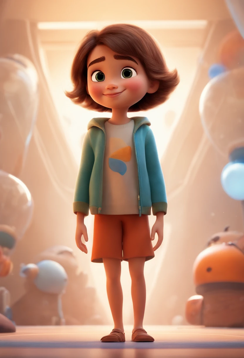 a happy cute standing short hair, vestindo uma fantasia espacial, , fundo branco, barnet, Tom, Estilo Pixar, ....3d, desenhos animados, rosto detalhado, asymmetrical 16k