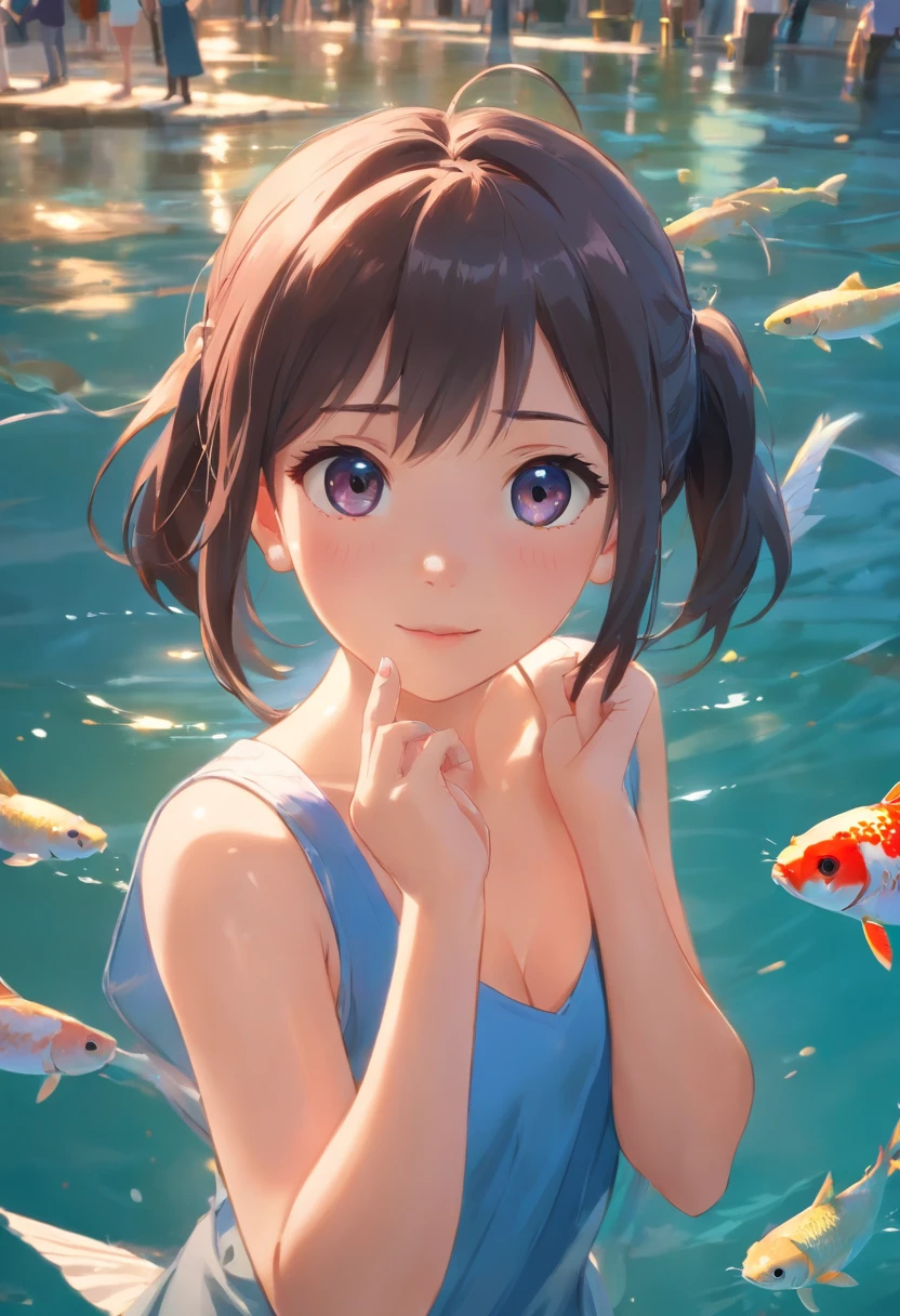 (masterpiece), (portrait), (aesthetic), (beautiful), (upper blody), (high quality), (aesthetic clothings), (professional angle), (rule of thirds), (Feminine), (woman), (female), (beautiful),(feminine features), (21 years), solo, 1 woman, (attractive British), Spring, (Underwater Bubbles), (Afternoon), (Subtle light), ((Exploring)), (Holding Camera Hands), ((Looking Upward Face)), ((Curious)), (Minimal Make-up), (Petite Bust), (Snorkel and Fins), ((Short Hair)), (Dark Blue Hair), (Straight Hair), (High Pony hair), (- in Hair), (Narrowed Eyes), (Green Eyes), (Playful Look), Fair skin, (- Clothing), (Bikini), (-), (), (V-neck Neckline), ((Tropical Fish Surroundings background)), (Medium Shot Shot), beautiful hands, two hands, normal hands, two arms, complete hands, beautiful body, beautiful fingers, normal fingers, five fingers, five fingers, beautiful ears, normal ears, beautiful eyes, shiny eyes, beautiful mouth, beautiful lips,