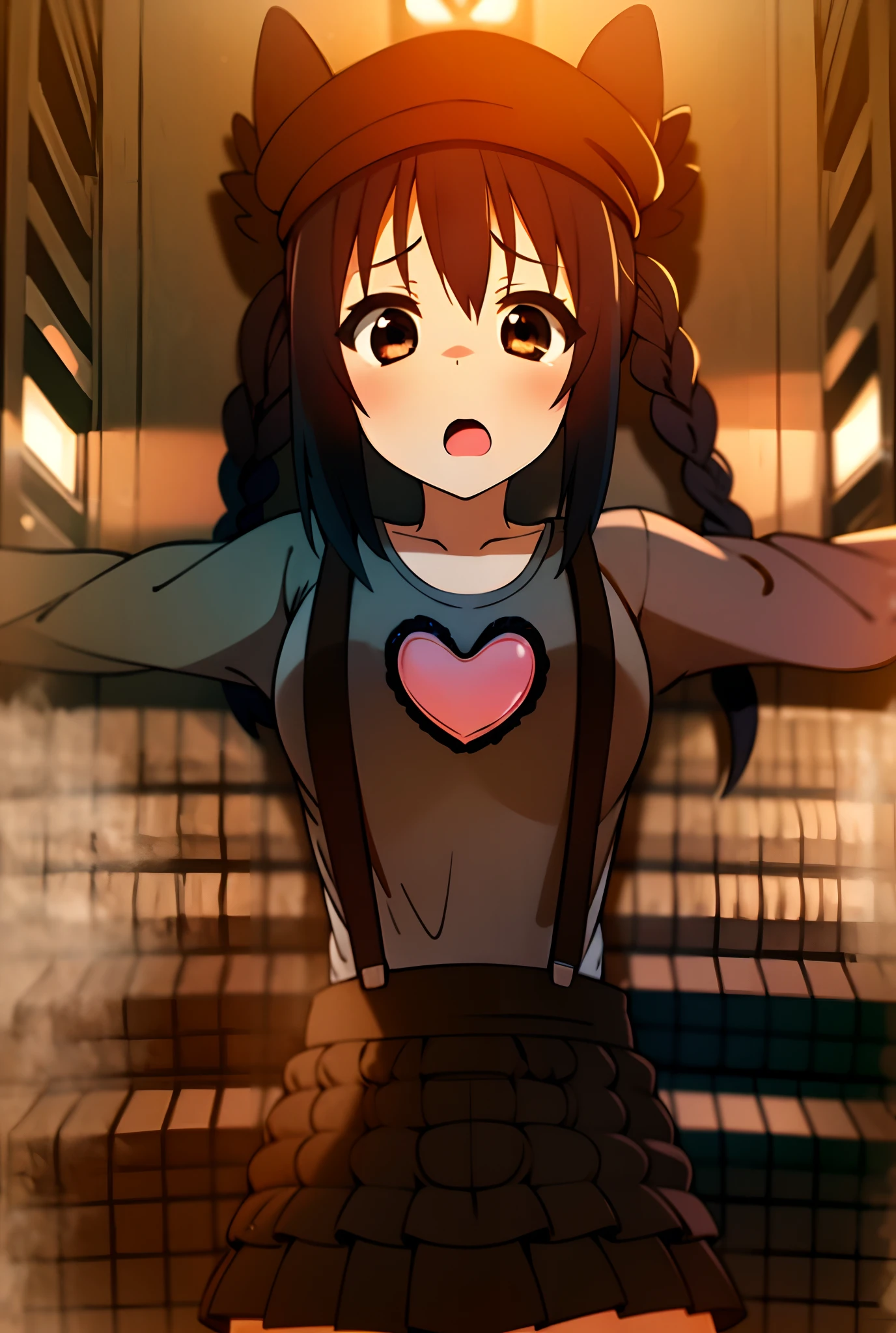 1girl, (((masterpiece))), top-quality, top-quality, high détails, nakano azusa, 1girl, Twin-tailed, length hair, A dark-haired, brown-eyed, Gray T-shirt.suspenders.a black skirt.illustratio, comic strip, soothing tones, Subdued Color, Soft cinematic light, adobe lightroom, photolab, HDR, intricately and hyper-detailed、(((depth of fields))))。(((masterpiece)))。(((top-quality))).(((ultra-detailliert)))。(((illustratio)))。(((a room))).dynamic focus.big breasts.(((PILLOWS))).(((a bed))).(((Face of sadness))). open mouth.(((lie on one's side))).(((up chest))).((evening glow)).((the setting sun)).(((Heart on chest))).Feathered hat.Spread your arms