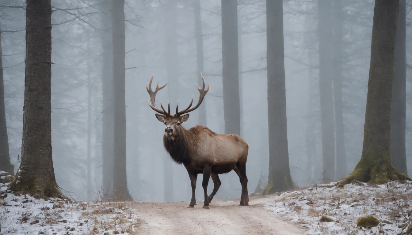 an ancient, gothic, snowy medieval Hungarian forest, from one end of the forest line a great majestic stag emerges and from the other an old witch crone emerges, cinematic, 8k, scene from horror film, gothic, eerie, cinematic scene from film