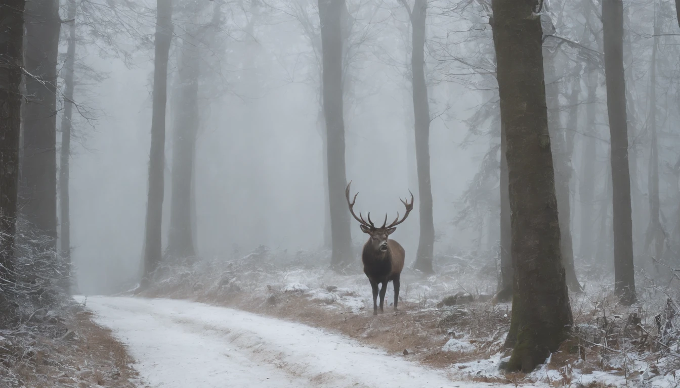 an ancient, gothic, snowy medieval Hungarian forest, from one end of the forest line a great majestic stag emerges and from the other an old witch crone emerges, cinematic, 8k, scene from horror film, gothic, eerie, cinematic scene from film