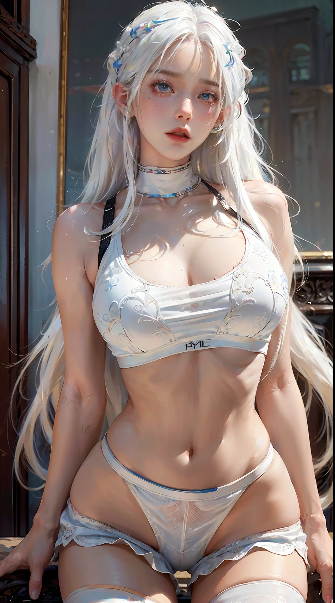 Beauty, ((Clothes damaged)), (((Shy))), ((Legs apart))), ((Sports Bra)), (Shorts), Full Body Drawing, Ultra Detailed, Master Artwork, Highest Quality, 8K Resolution, (Fine Details), ((Extreme Color))), Beautiful Eyes ((Two Side Up), (Detailed Engraving), White Stockings, ((Long White Hair, Messy))